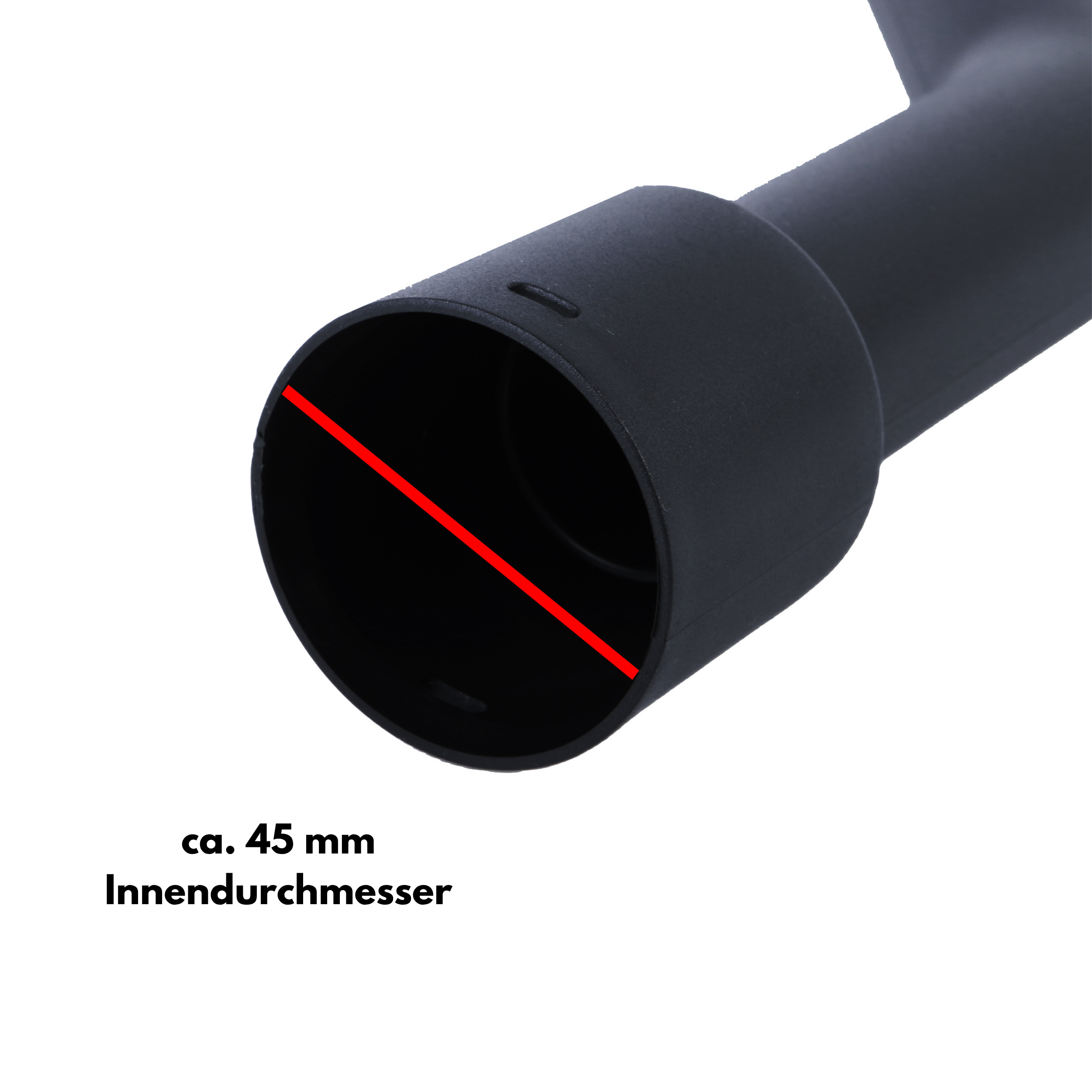 Schwarzes Staubsaugerrohr mit einem Innendurchmesser von ca. 45 mm, markiert durch eine rote Linie.