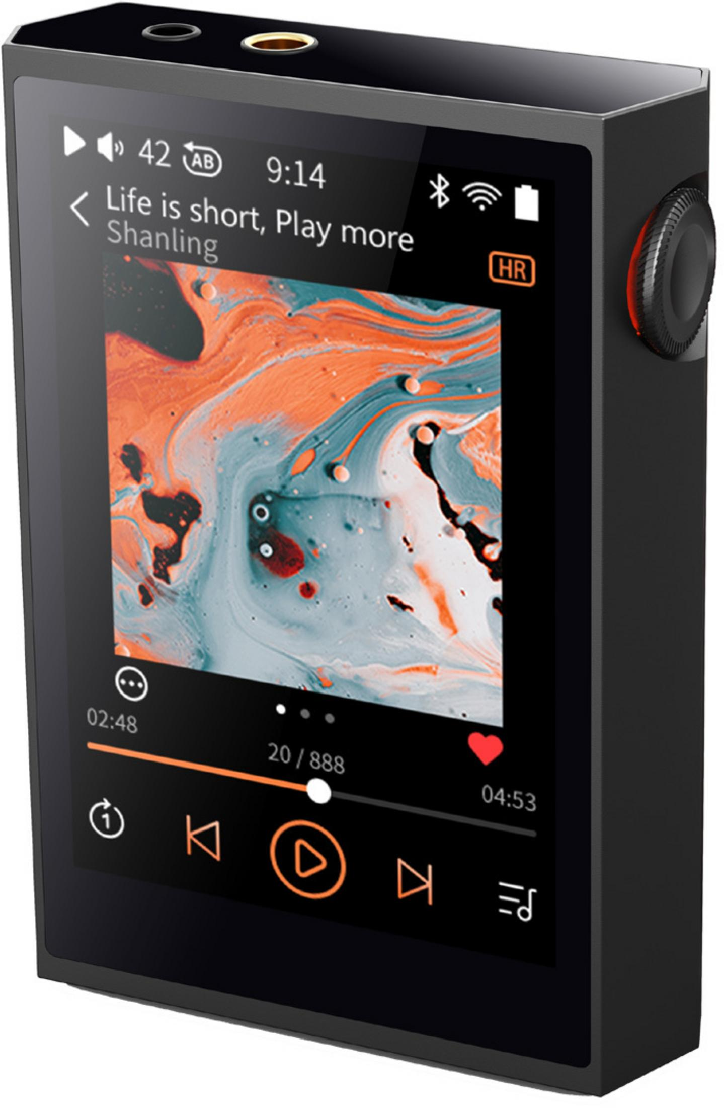 Un reproductor de música portátil con pantalla a color muestra la carátula y los controles.