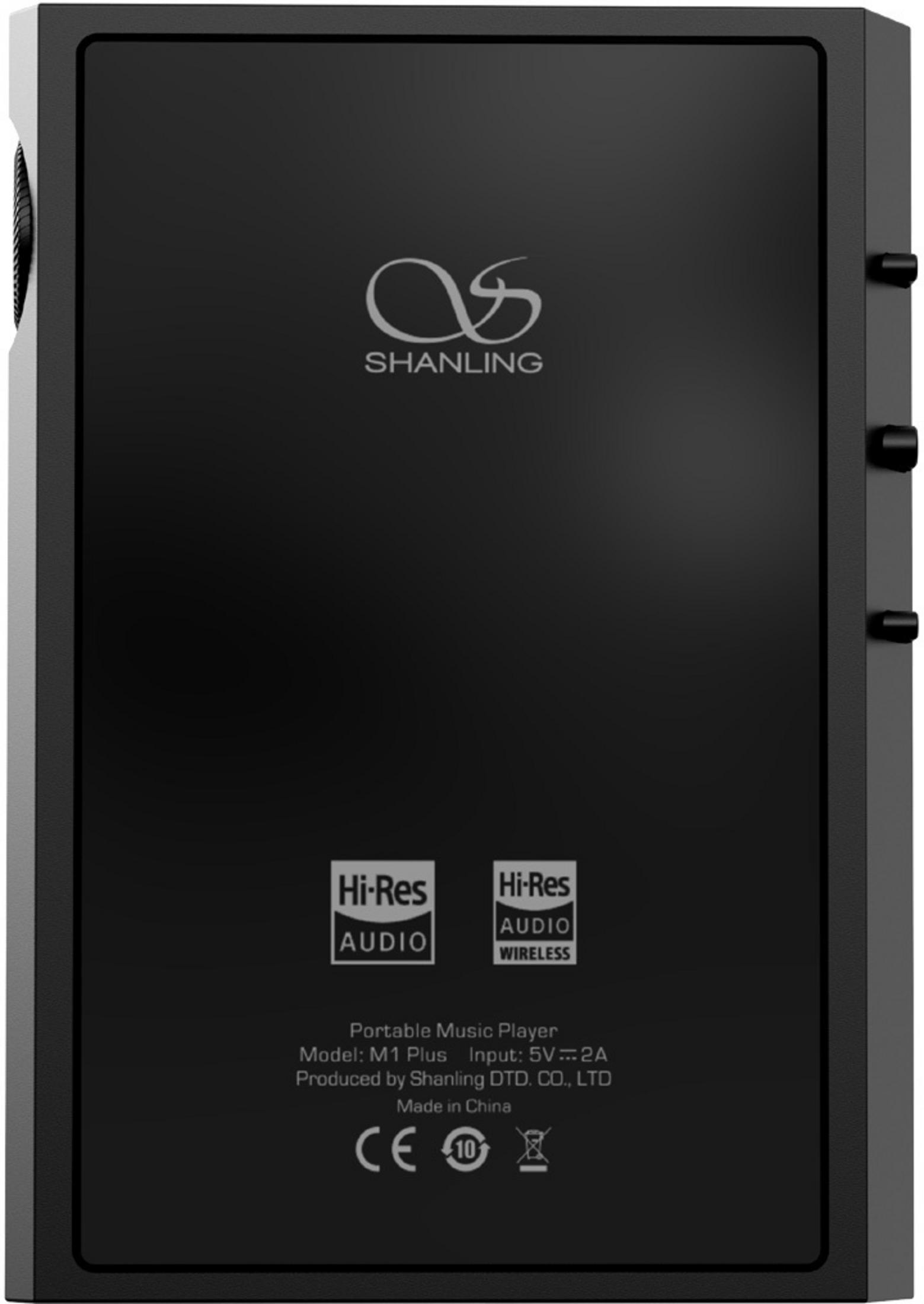 Parte trasera del reproductor de música portátil Shanling M1 Plus en negro con logotipos Hi-Res y botones.