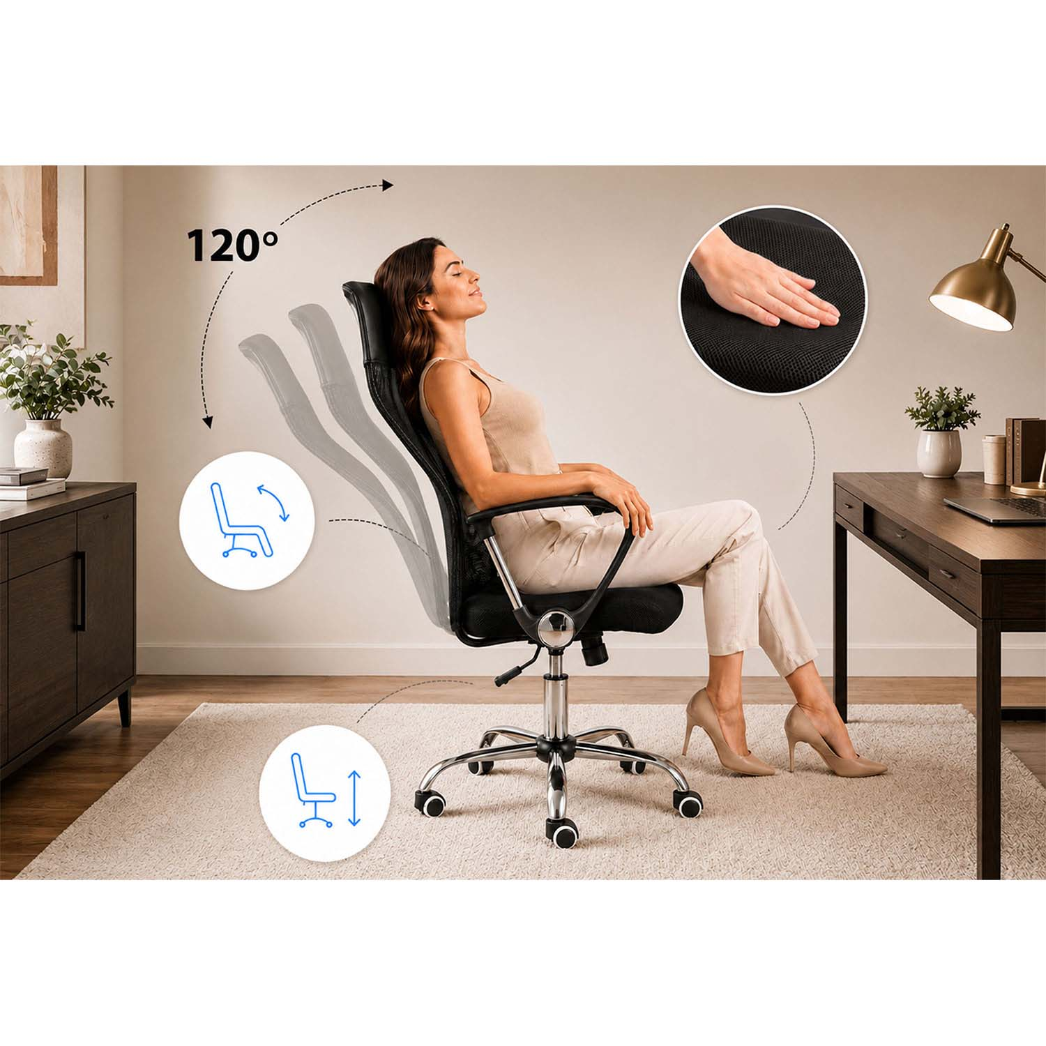 Kobieta relaksuje się w ergonomicznym krześle biurowym, pokazując funkcję odchylania o 120 stopni.