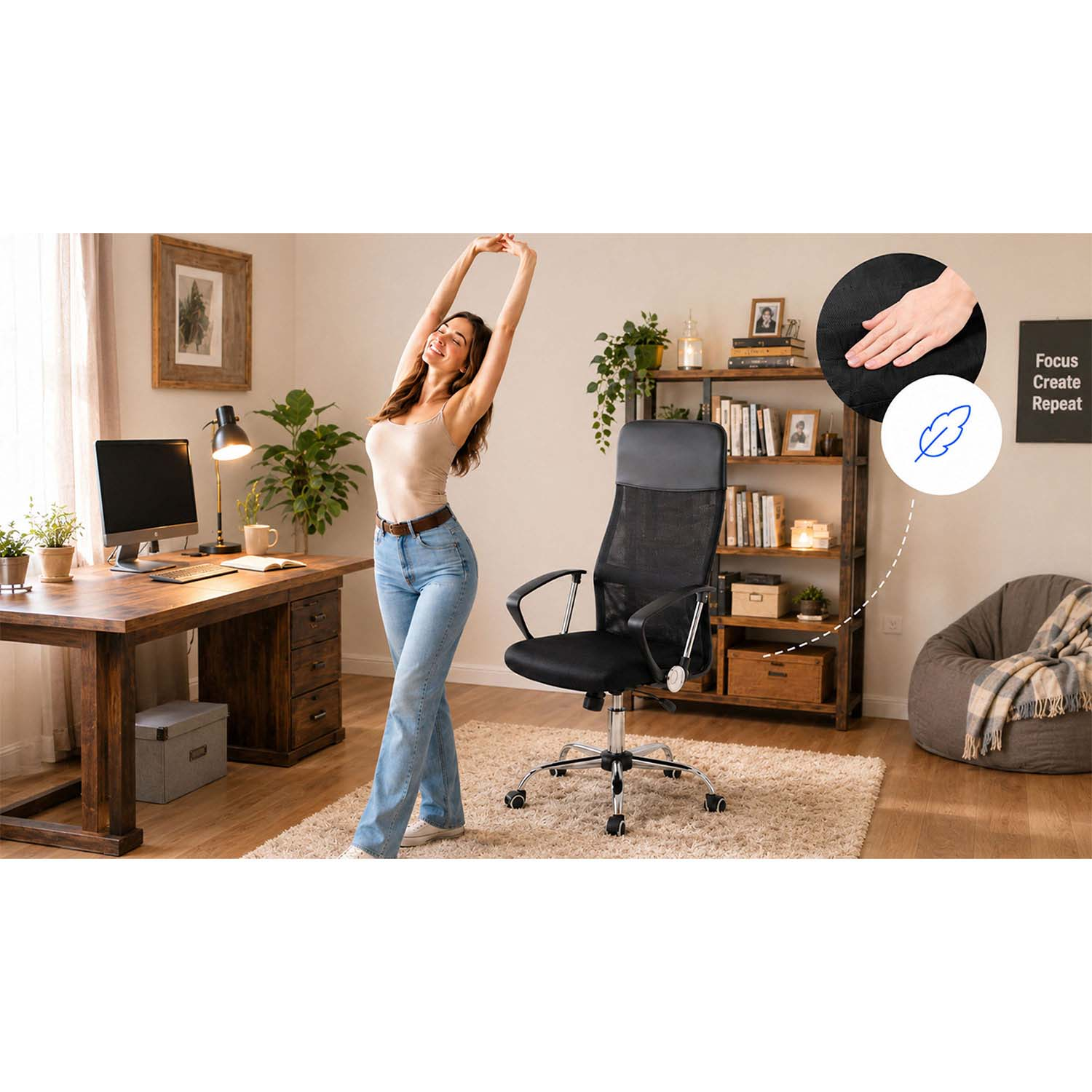 Kobieta przeciąga się w domowym biurze z drewnianym biurkiem, czarnym fotelem ergonomicznym i regałem.