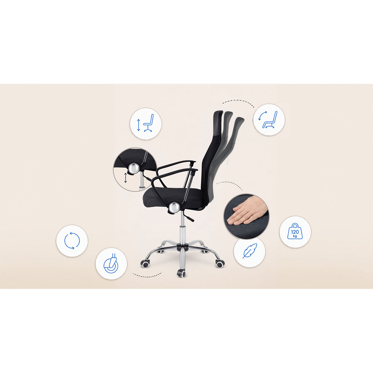 Ergonomiczne czarne krzeslo biurowe z regulowana wysokoscia i nachyleniem, otoczone ikonami.