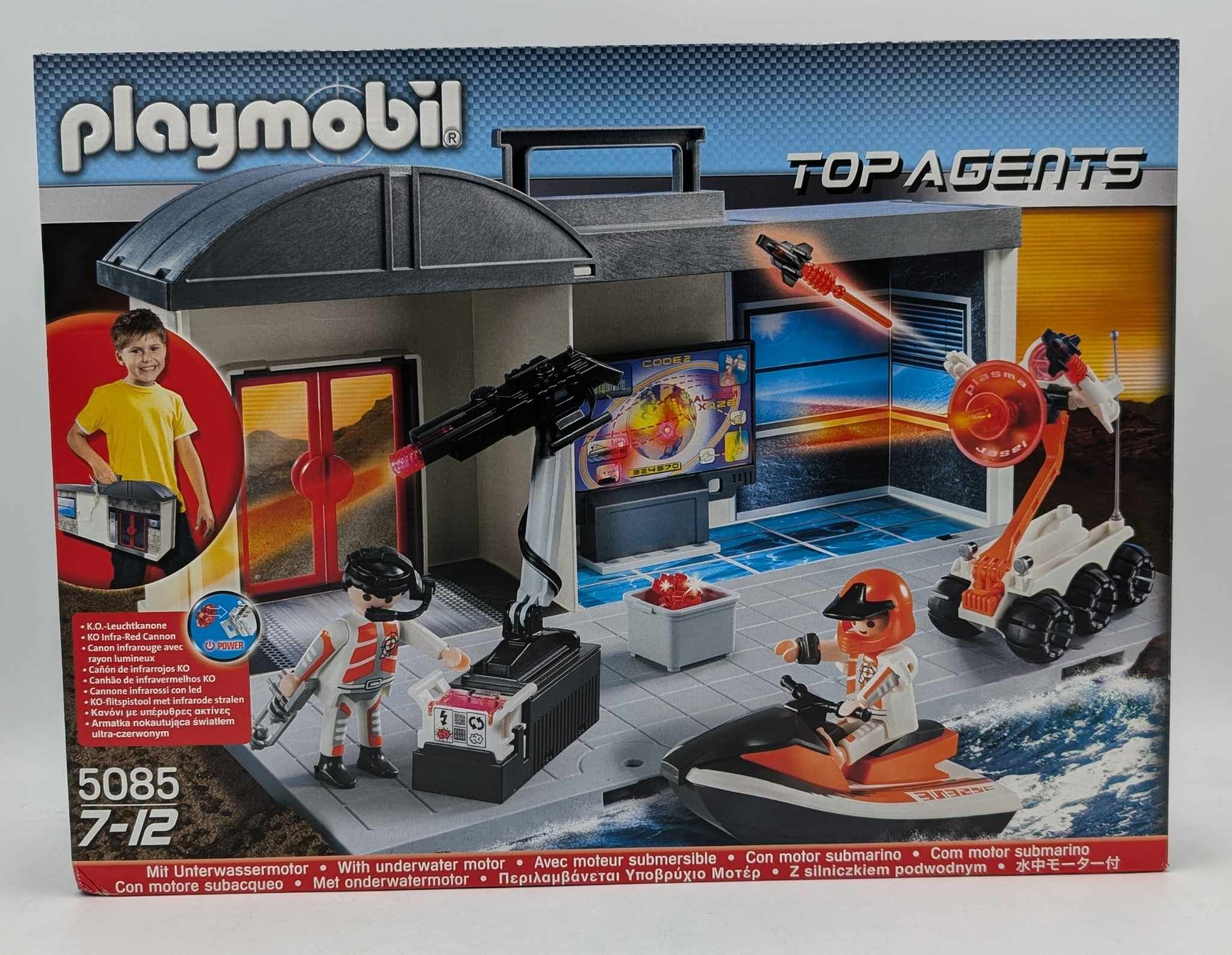 Playmobil Top Agents Set 5085 mit Hauptquartier, Fahrzeugen und Figuren.
