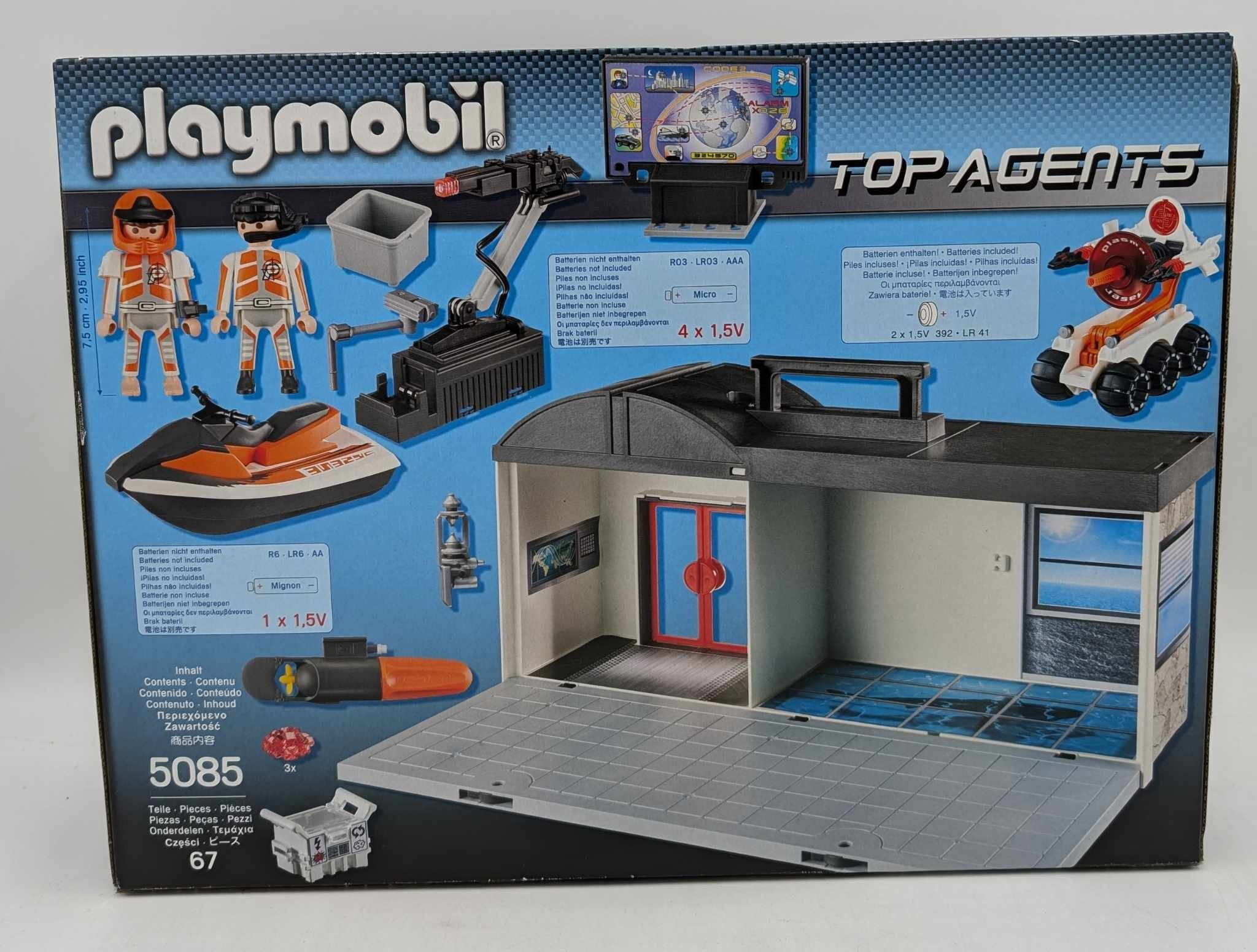 Playmobil Top Agents Set 5085 Box mit Figuren, Basis, Fahrzeug, Jet-Ski und Zubehör.