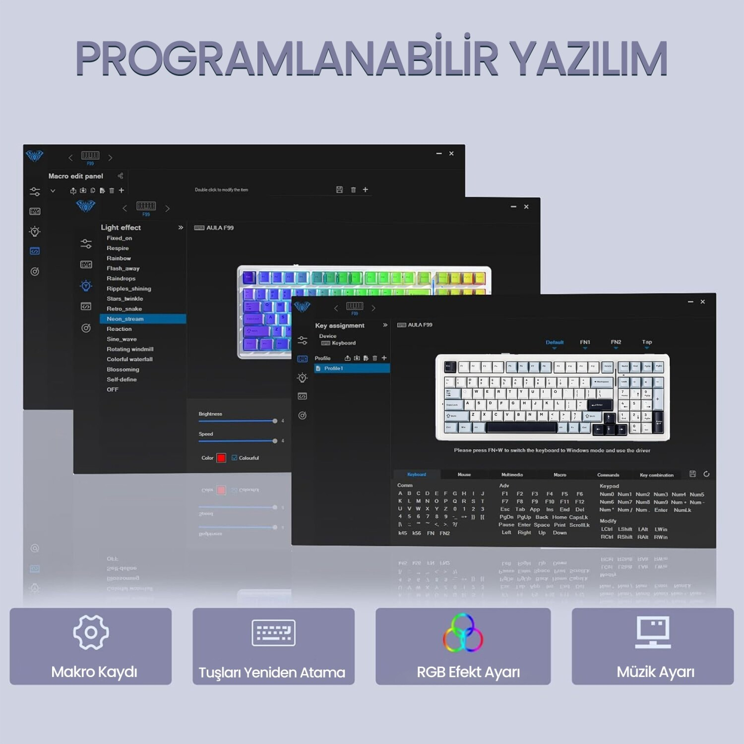 Aydınlatma ve makro yapılandırma seçeneklerini gösteren programlanabilir klavye yazılımı.