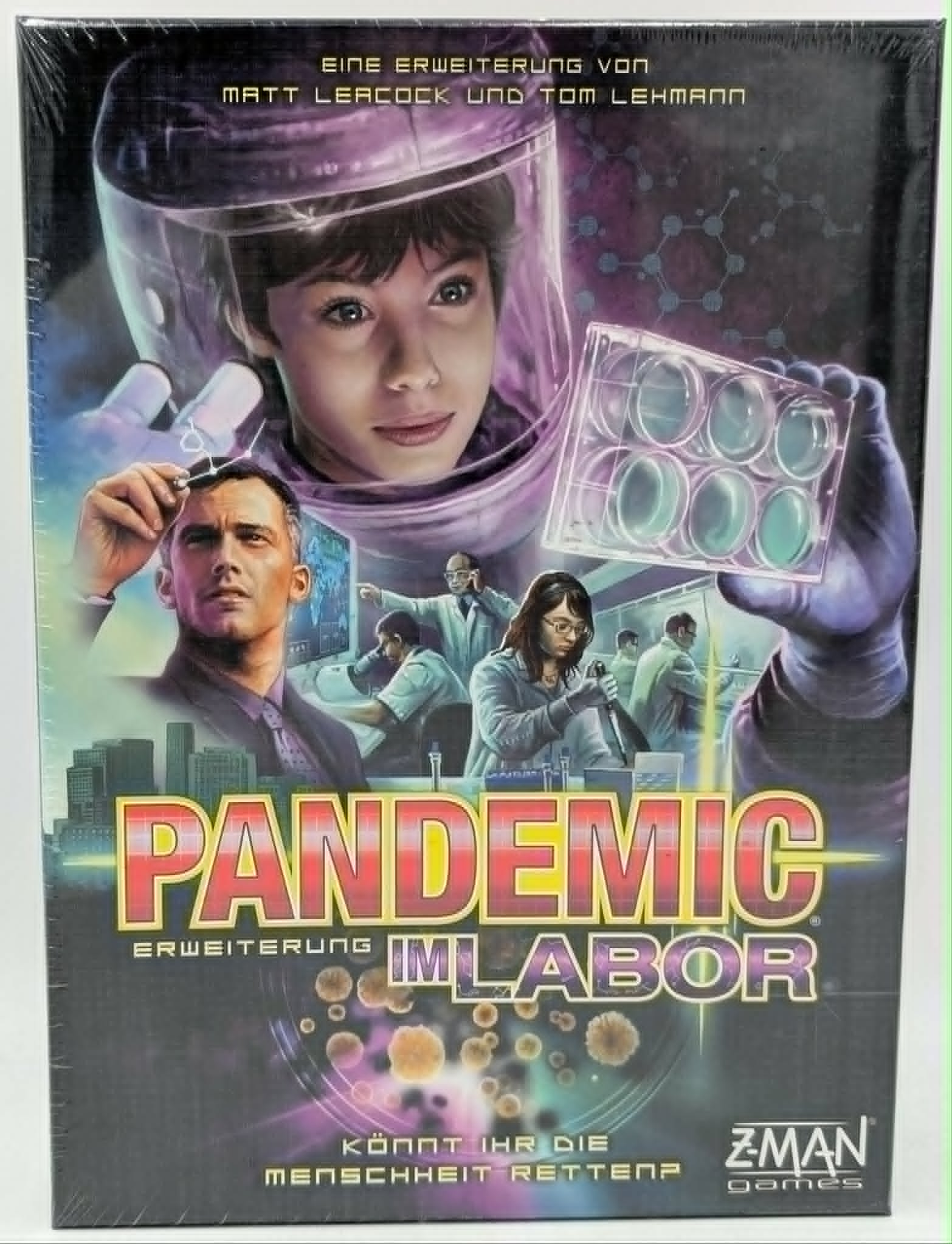 Spielschachtel der Pandemie Erweiterung Im Labor mit Wissenschaftlern und Laborgeräten.