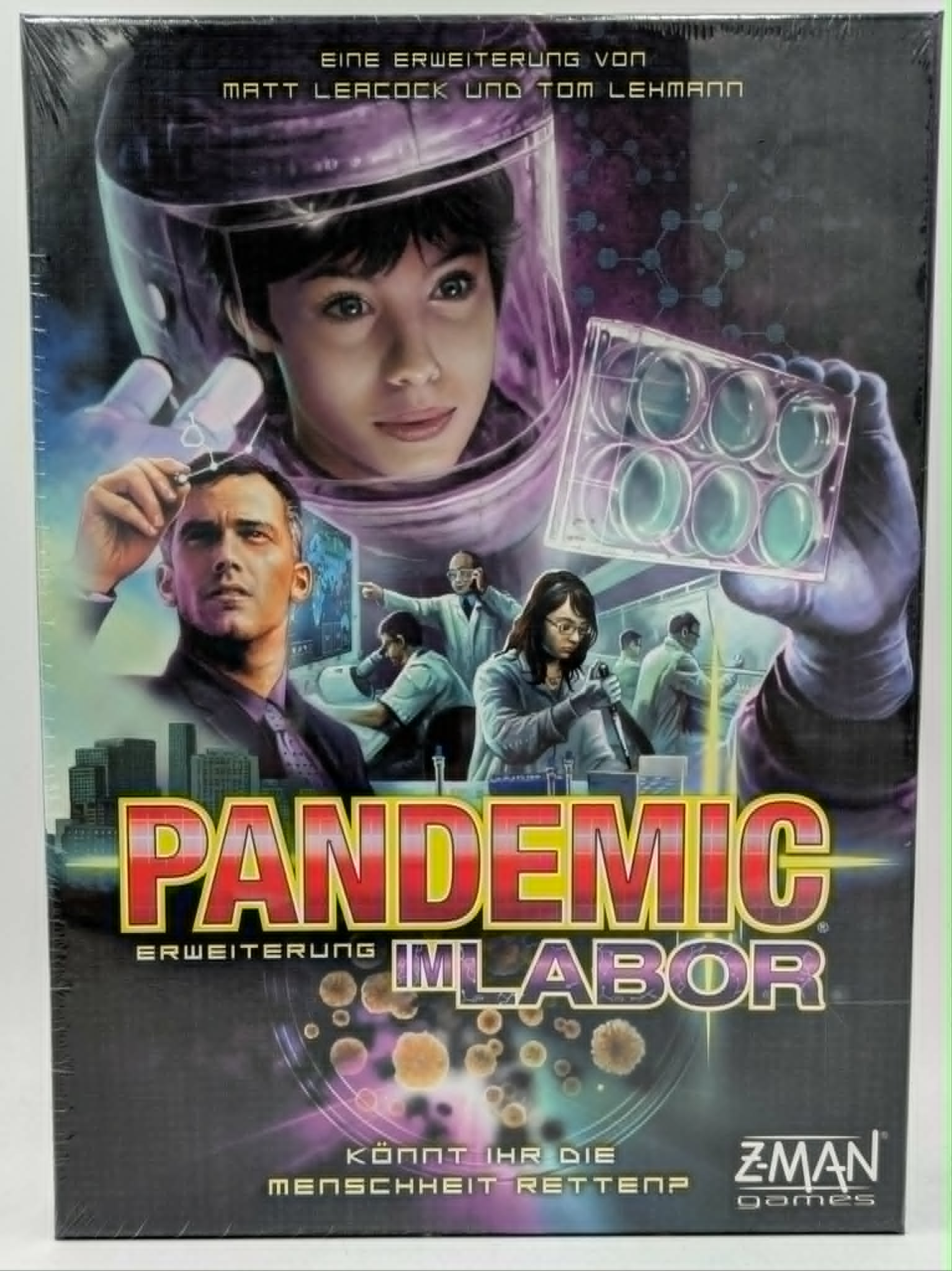 Brettspiel-Cover von Pandemic Im Labor mit Wissenschaftlern und Laborausrüstung.