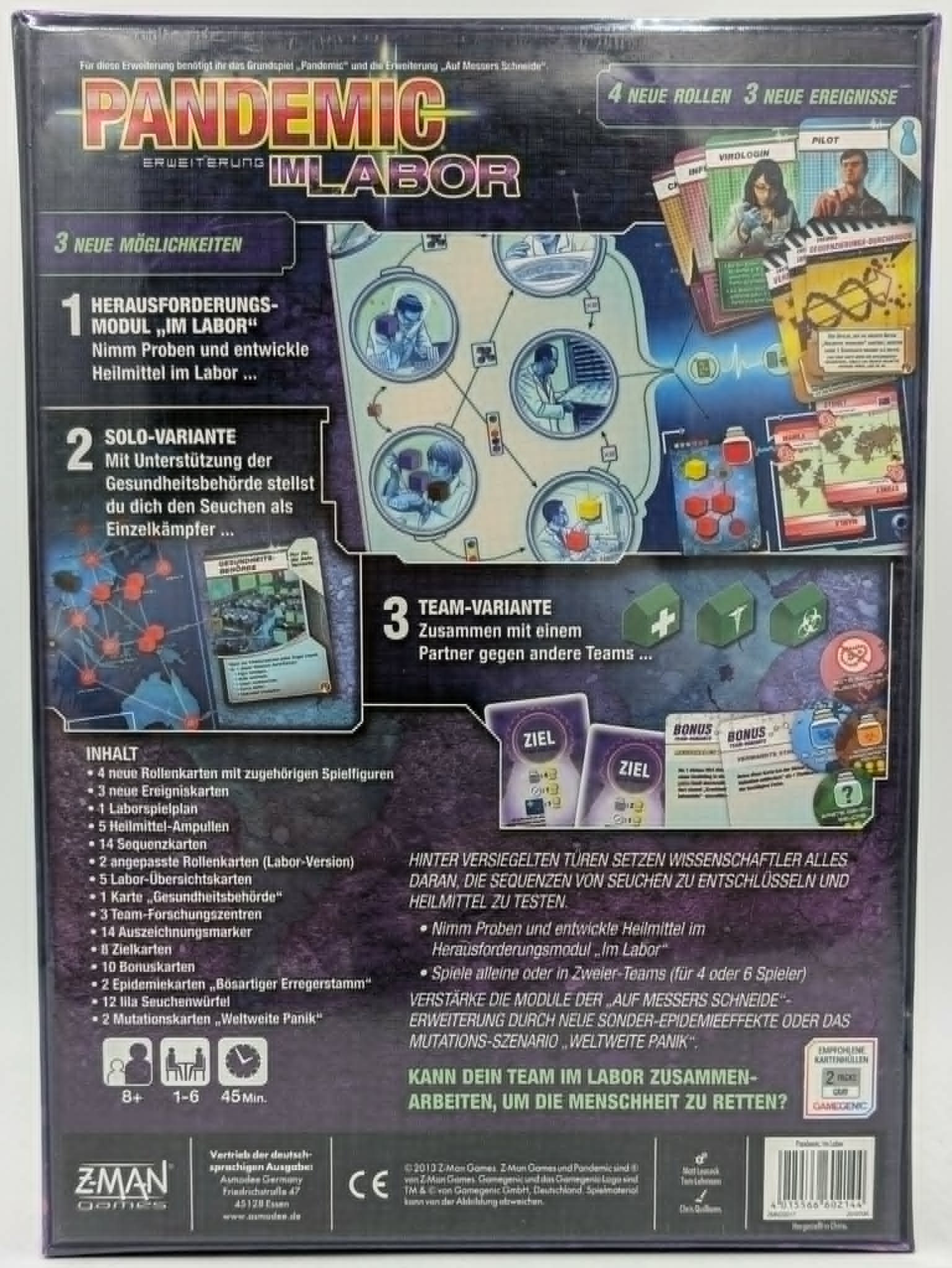 Rückseite der Brettspiel-Verpackung von Pandemic: Im Labor mit Spielkomponenten und Beschreibungen.