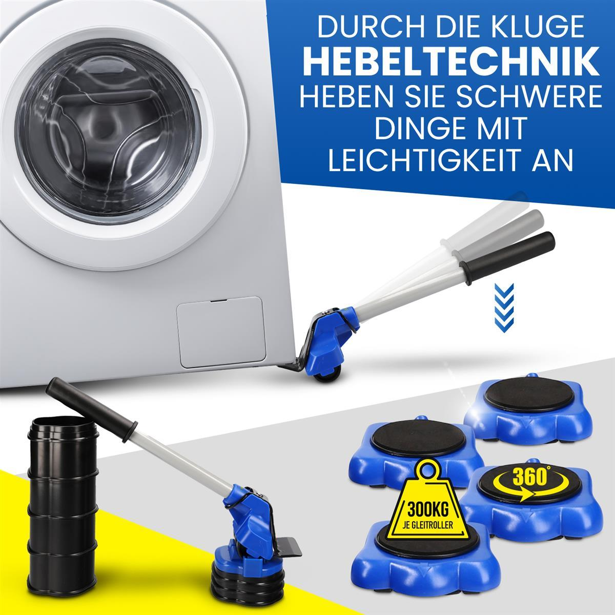 Ein blauer Hebehebel hebt eine Waschmaschine mit vier blauen 360-Grad-Gleitrollen mit je 300kg Tragkraft an.