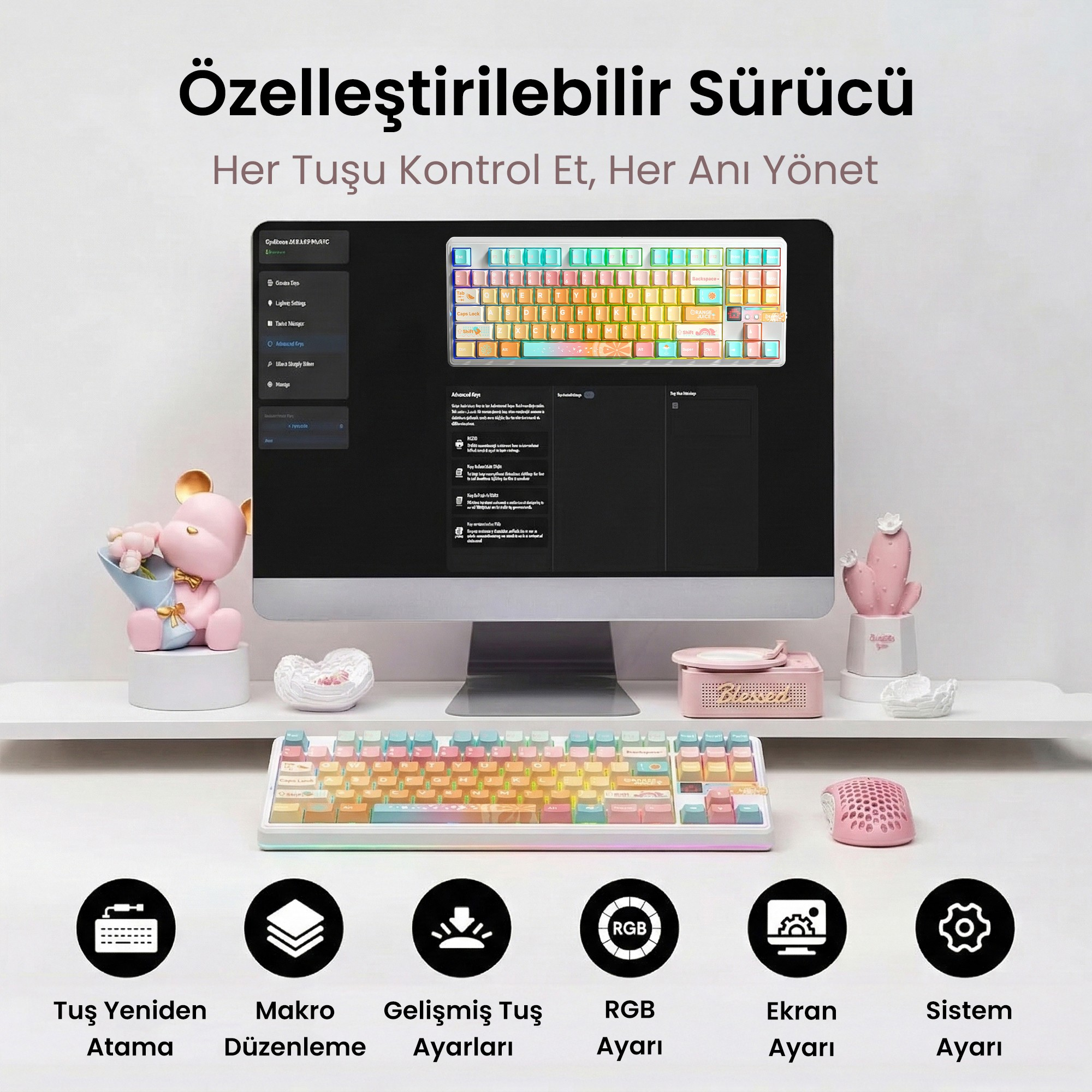 Różowe biurko z monitorem, klawiaturą i myszką oraz uroczymi figurkami i ikonami oprogramowania.