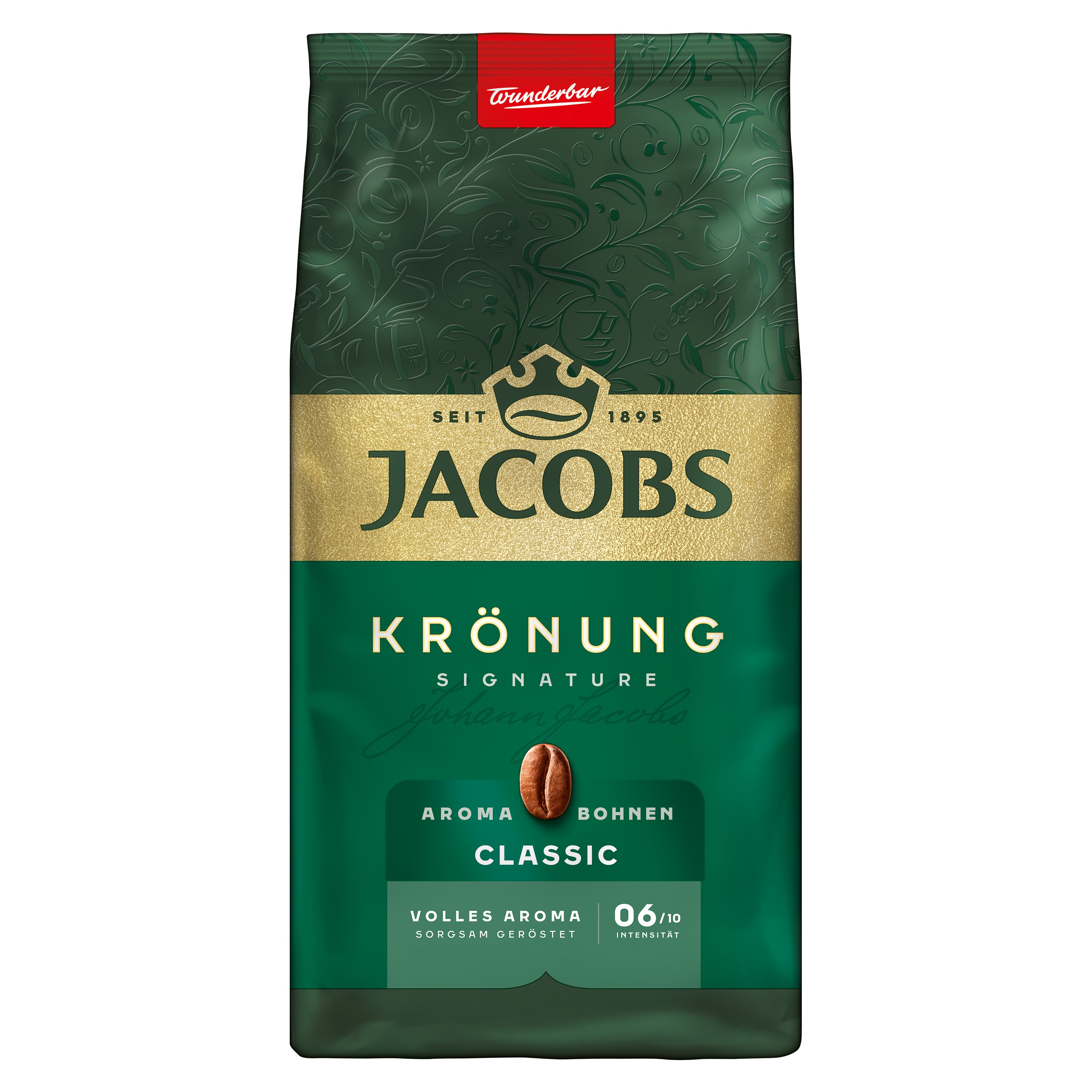 Eine grüne Jacobs Krönung Kaffeebohnenpackung mit goldenem Markenemblem.