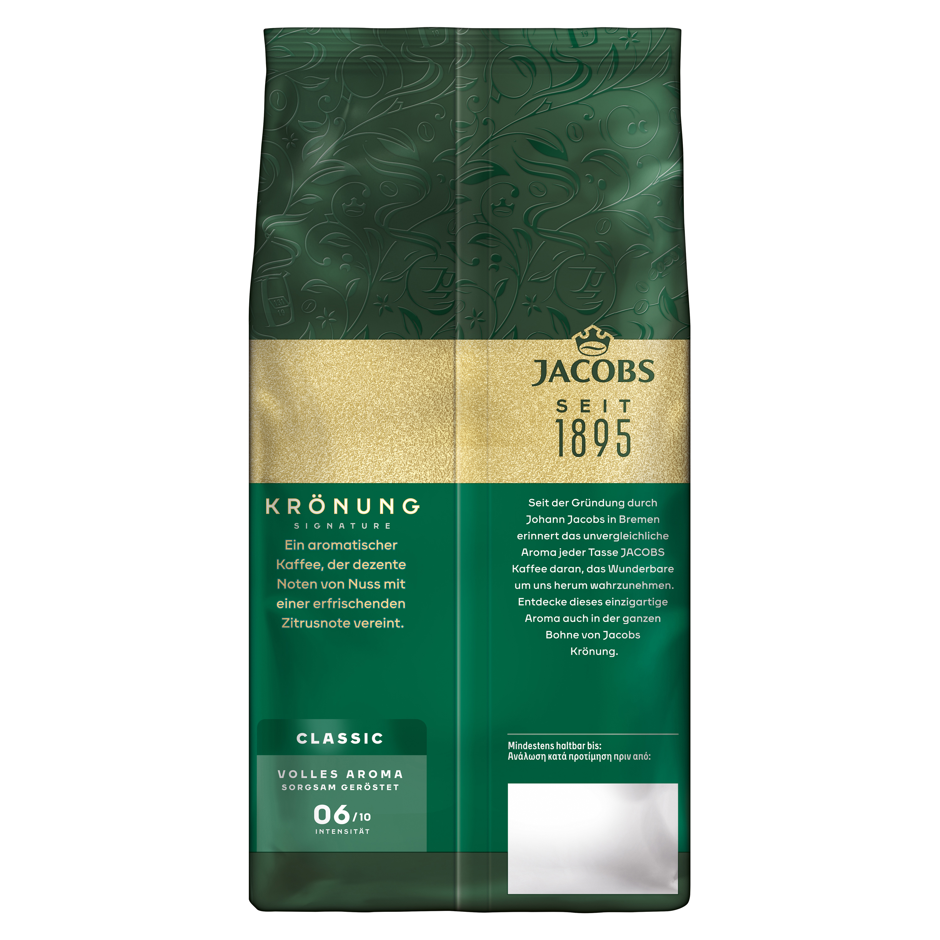 Eine grüne Jacobs Krönung Kaffeeverpackung mit goldenen Akzenten, Text und einem Mindesthaltbarkeitsdatum-Feld.