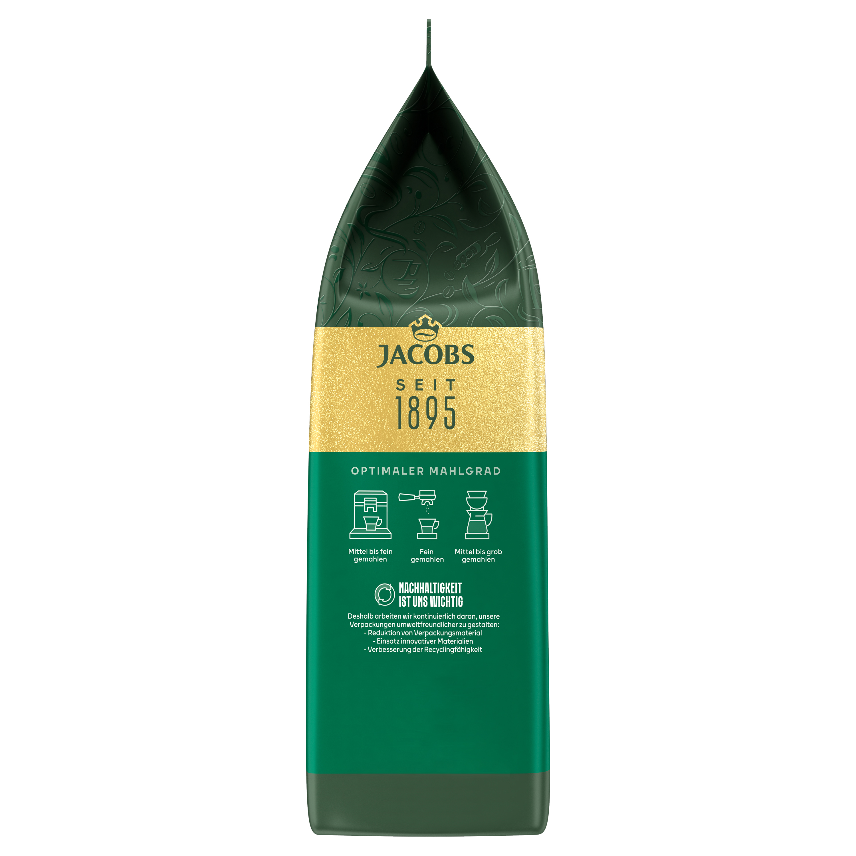 Eine grüne Jacobs Kaffee-Verpackung mit goldenen Akzenten, Markenlogo, Text und Mahlgrad-Symbolen auf Vorderseite.