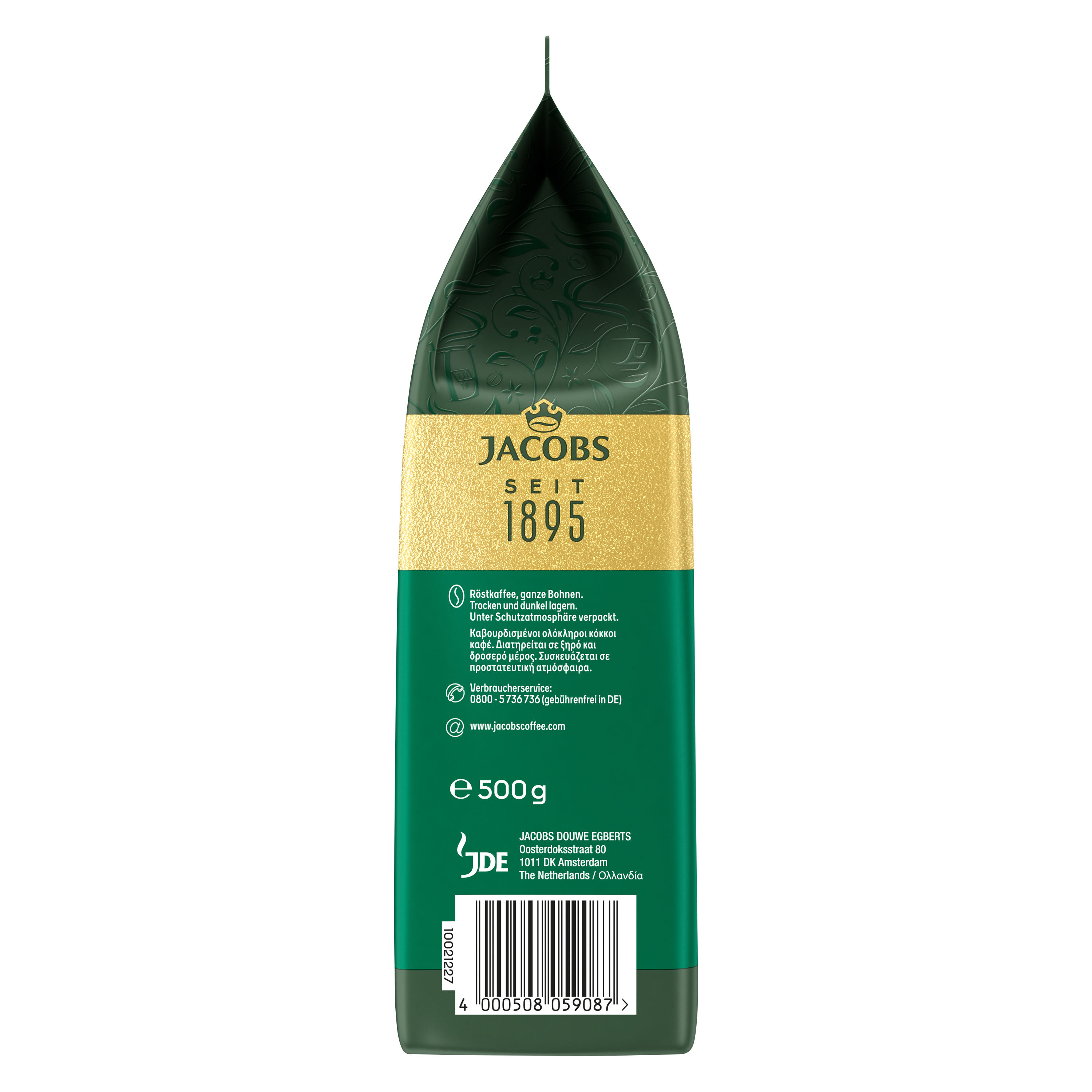Seitenansicht einer grünen Jacobs Kaffee Packung mit 500g Inhalt.