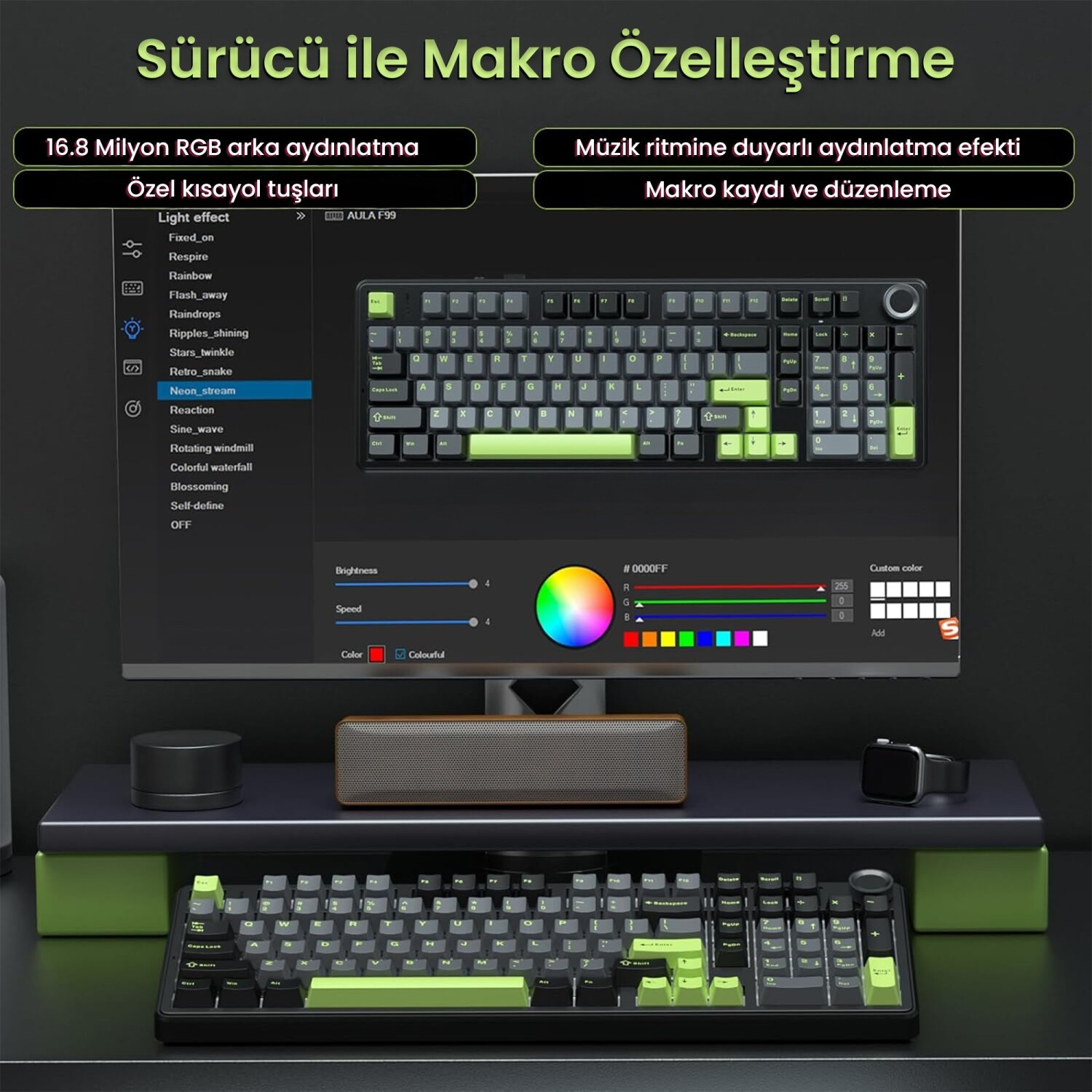 Monitor z oprogramowaniem do dostosowywania klawiatury, soundbar i klawiatura mechaniczna.