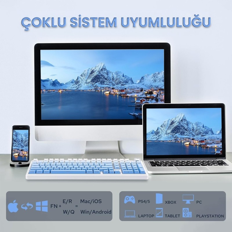 Komputer, laptop i smartfon z niebiesko-białą klawiaturą, pokazujące ikony kompatybilności.