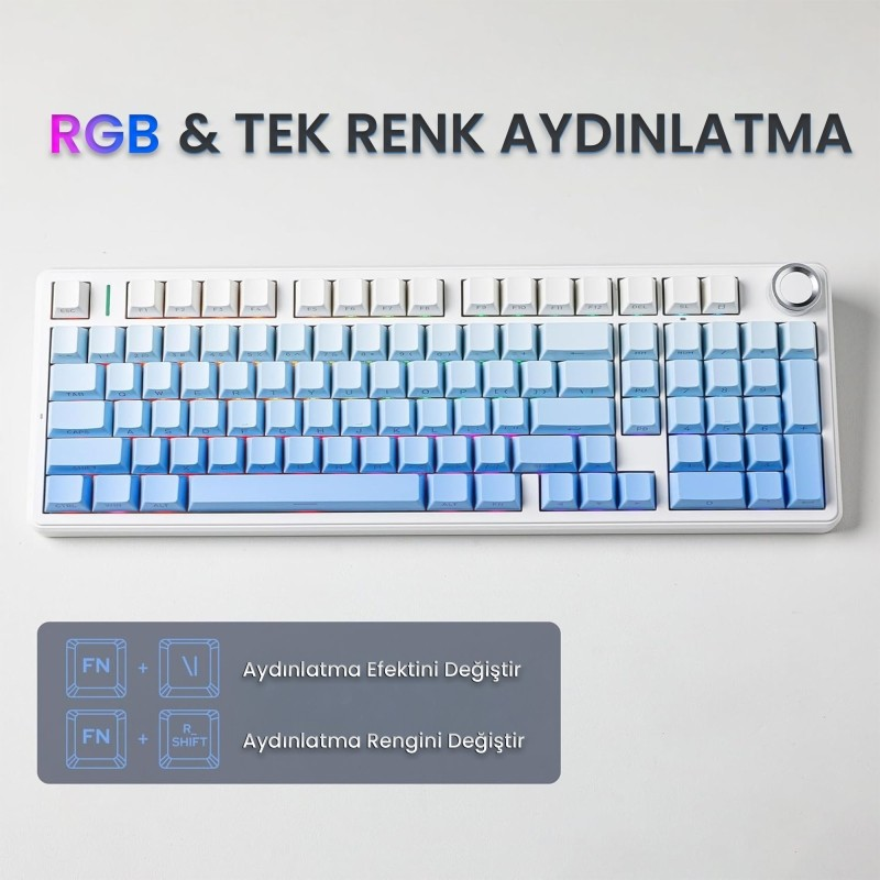 Biała klawiatura mechaniczna z jasnoniebieskimi klawiszami i podświetleniem RGB na jasnym tle.