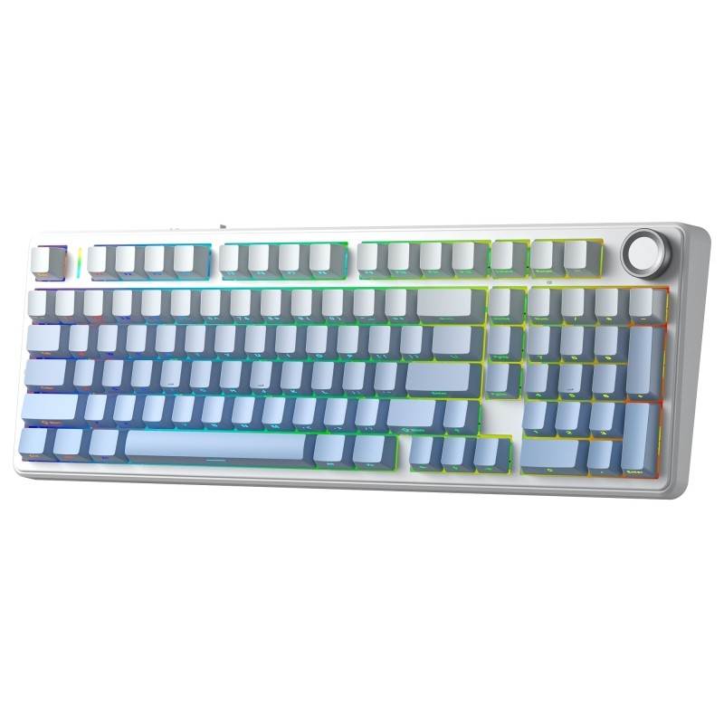 Biało-niebieska klawiatura mechaniczna z podświetleniem RGB i pokrętłem głośności na białym tle.
