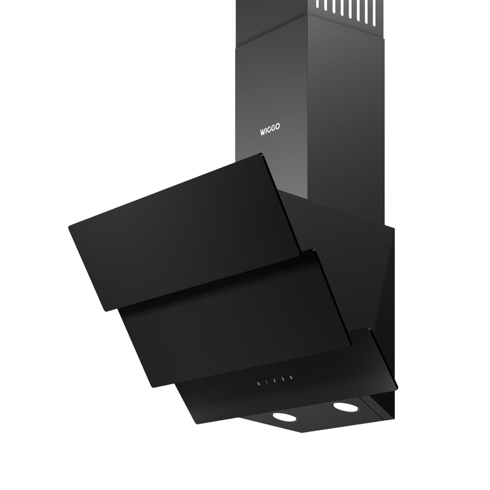 Modern black kitchen extractor hood with angled glass panels and LED lighting.