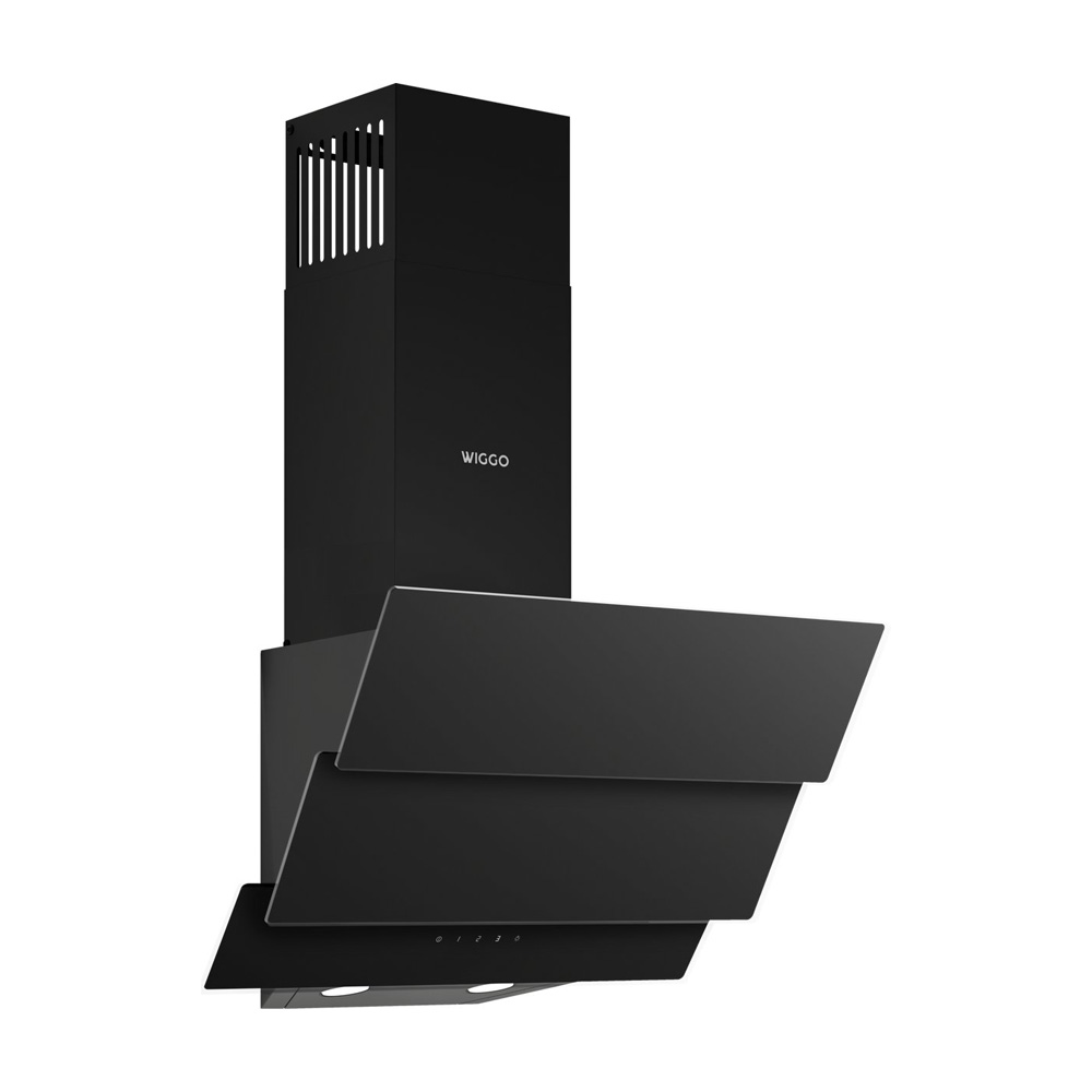 Modern black kitchen extractor hood with angled glass panels and the WIGGO brand name.