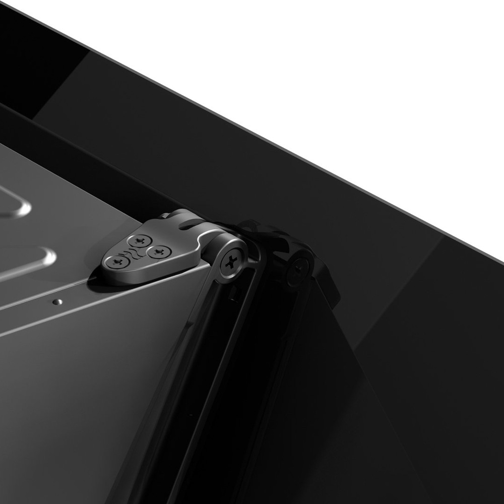 Close-up of a dark metallic hinge mechanism mounted with screws on a black surface against a white background.
