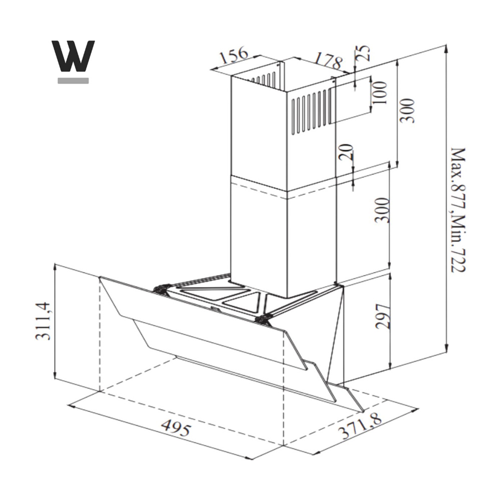 Technical drawing of a cooker hood with dimension measurements in millimeters.