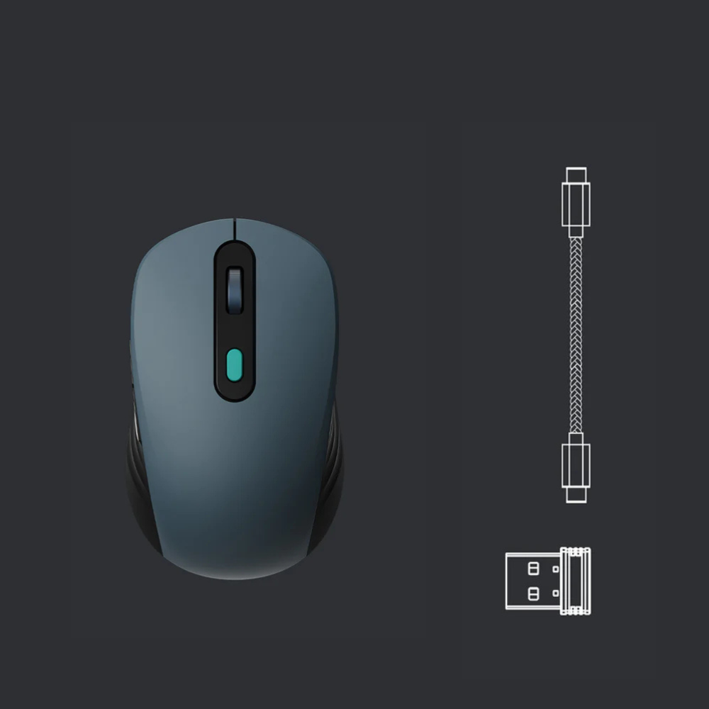 Szara mysz komputerowa po lewej stronie, z rysunkiem plecionego kabla i odbiornikiem USB po prawej stronie.