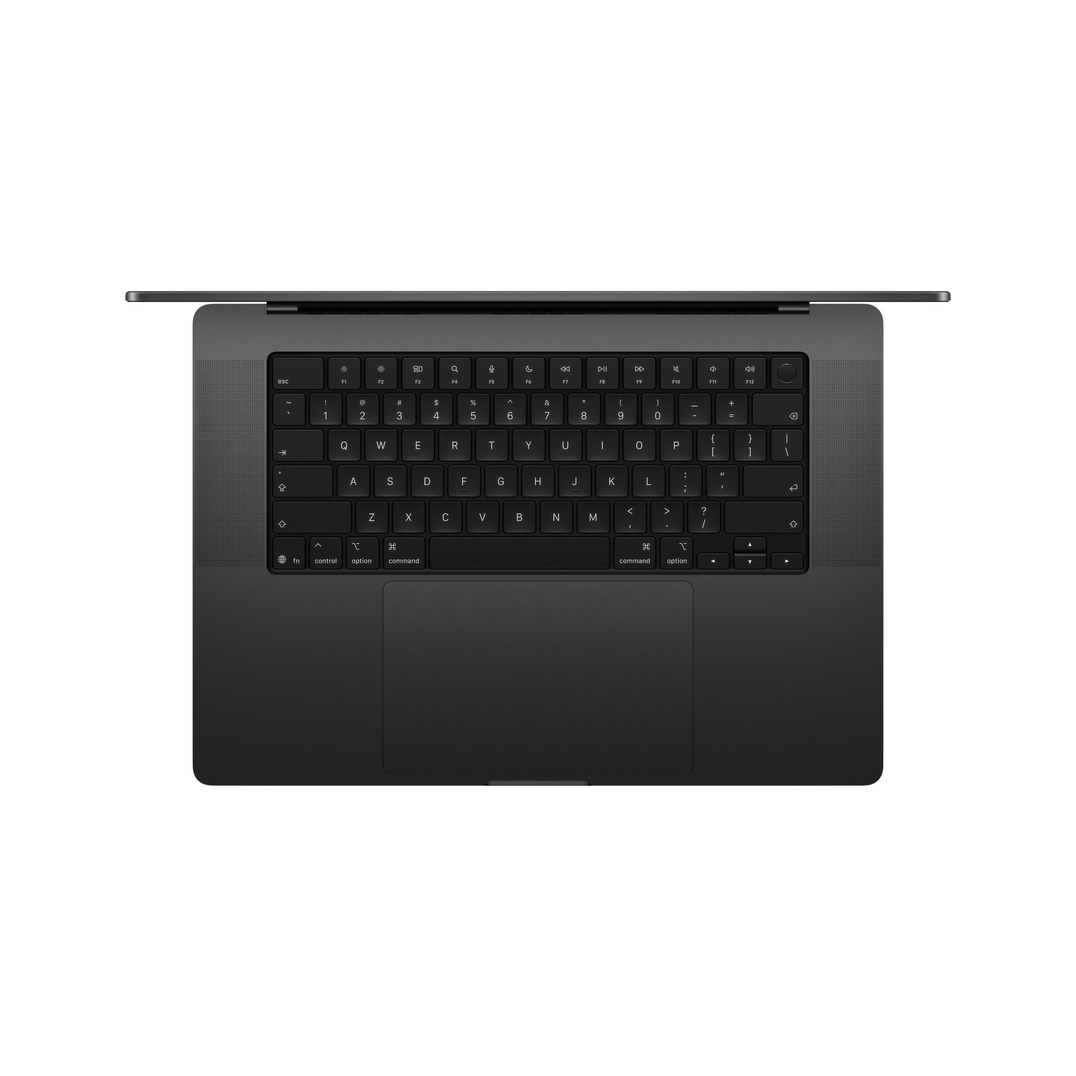 Eine Nahaufnahme der dunklen Tastatur und des Trackpads eines Laptops von oben.