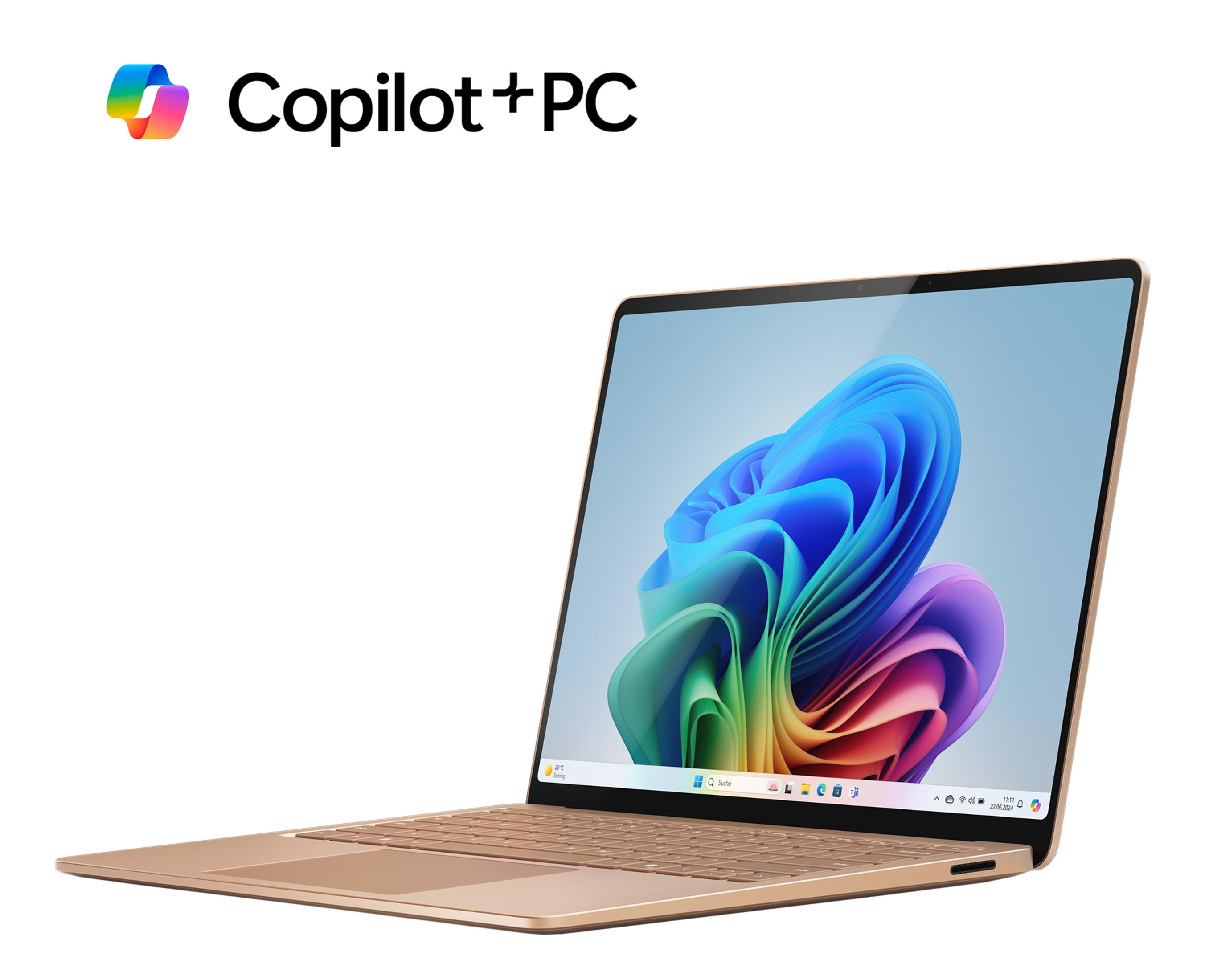 Un ordinateur portable Copilot+PC doré avec un fond d'écran abstrait coloré sur l'écran sur fond blanc.