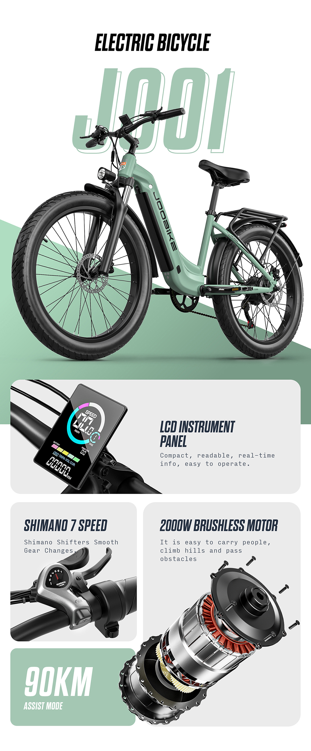 Bicicletta elettrica verde con display LCD, cambio Shimano e motore potente.