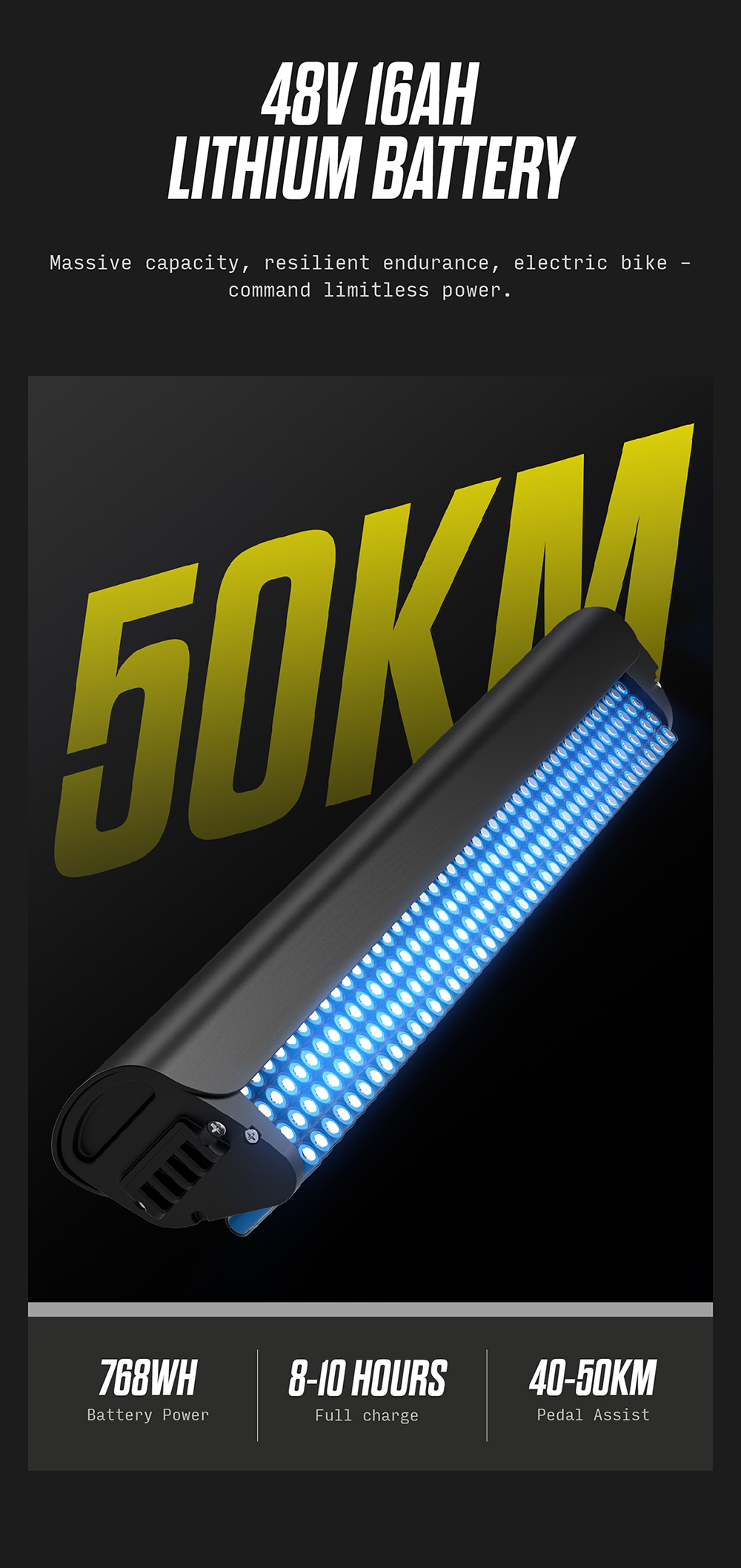 Pubblicità per una batteria per e-bike da 48V 16Ah con LED blu e scritta gialla 50KM su sfondo nero.