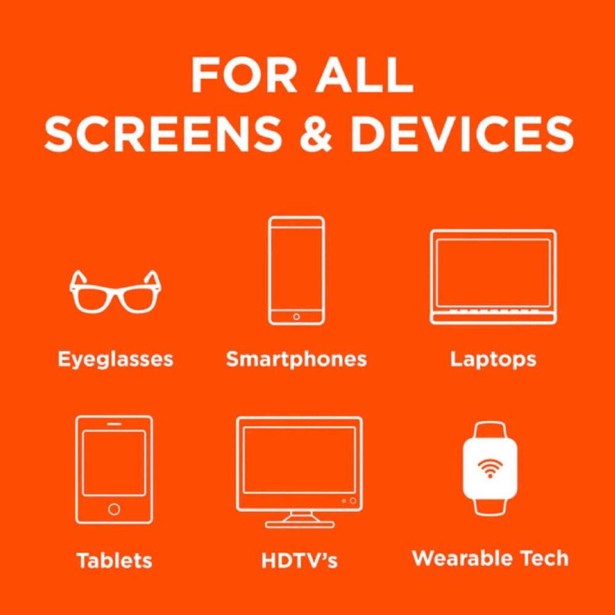 Fondo naranja con iconos blancos y etiquetas para gafas, smartphones, portátiles, tablets, HDTV y tecnología wearable.