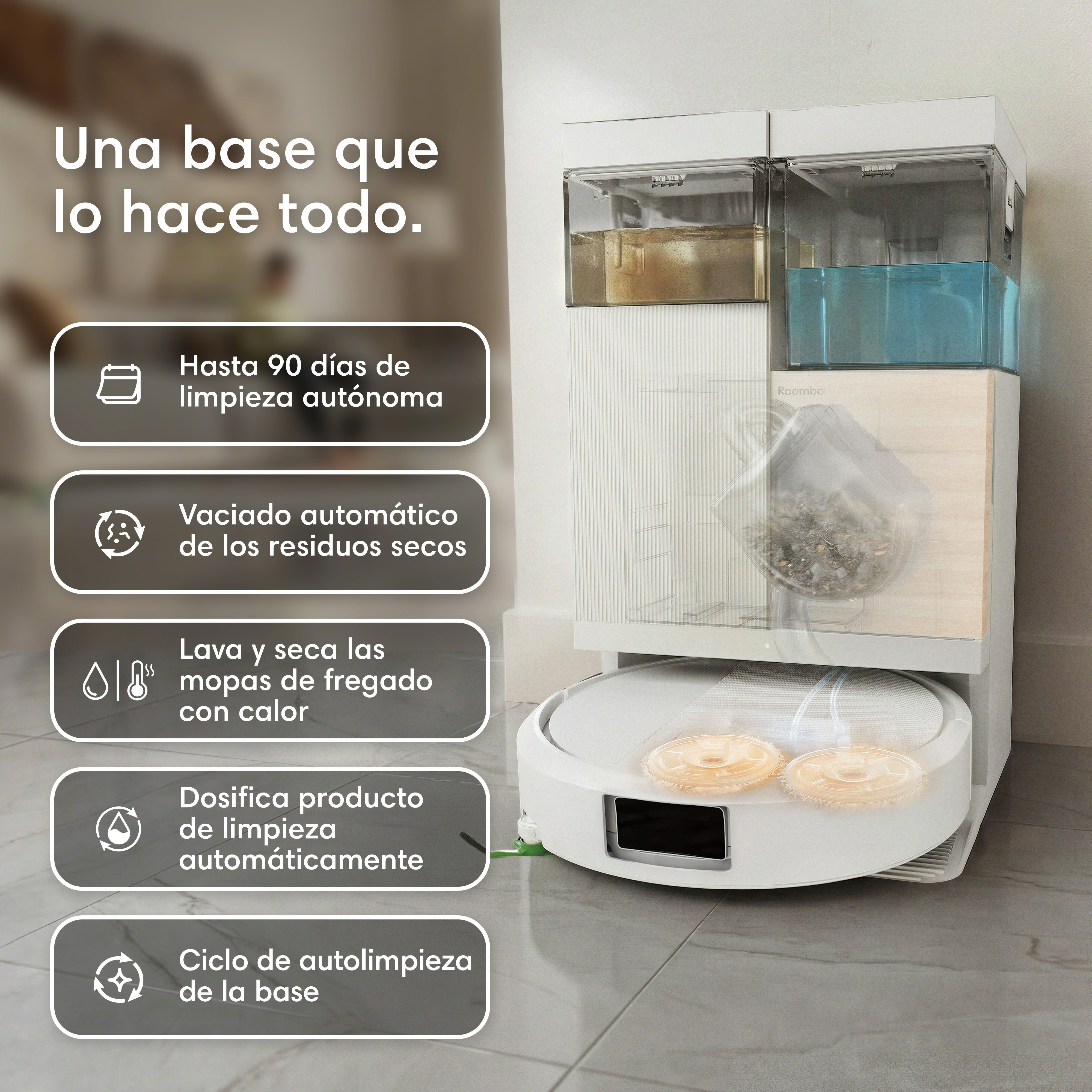 Robot aspirador con estación de limpieza y textos informativos en español a la izquierda.