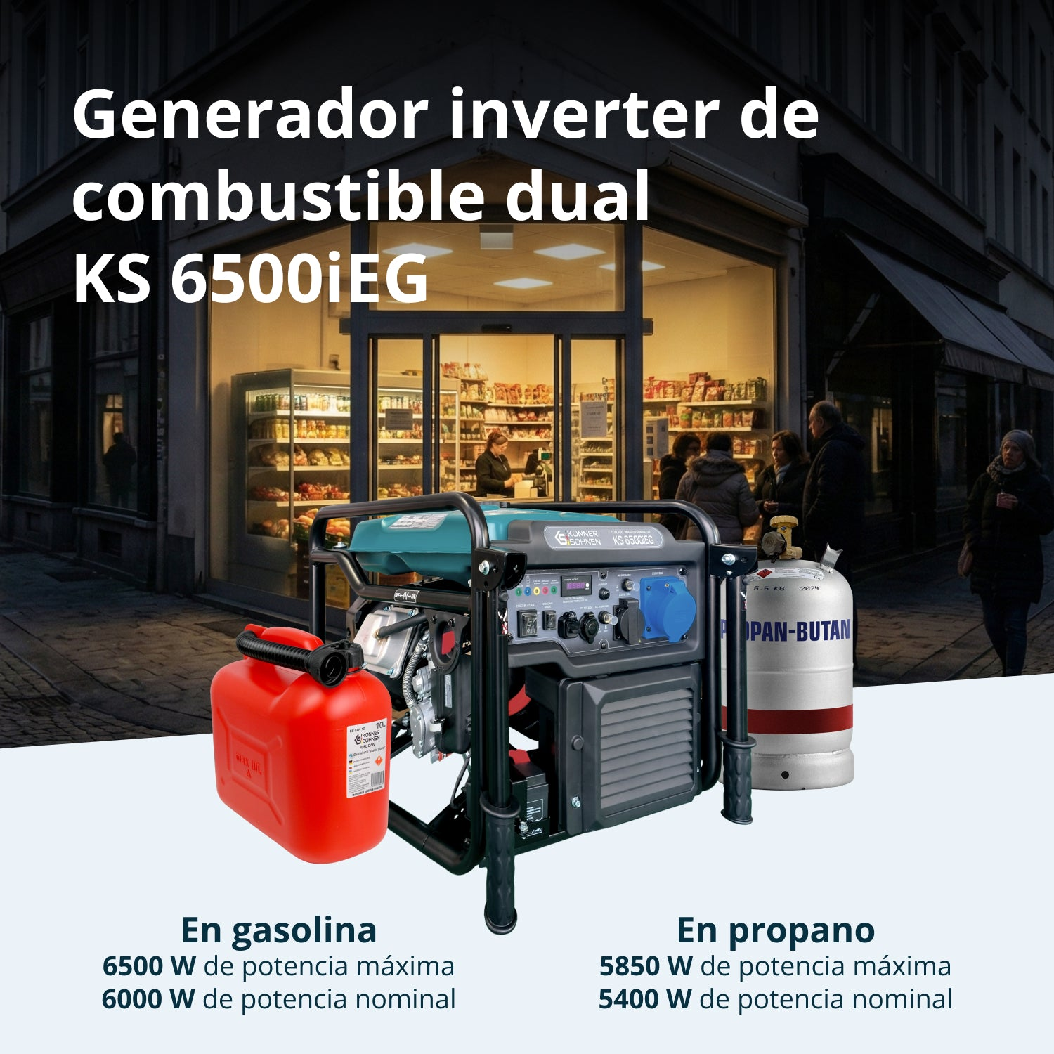 Un generador inversor dual con bidón de gasolina y tanque de propano frente a una tienda urbana.