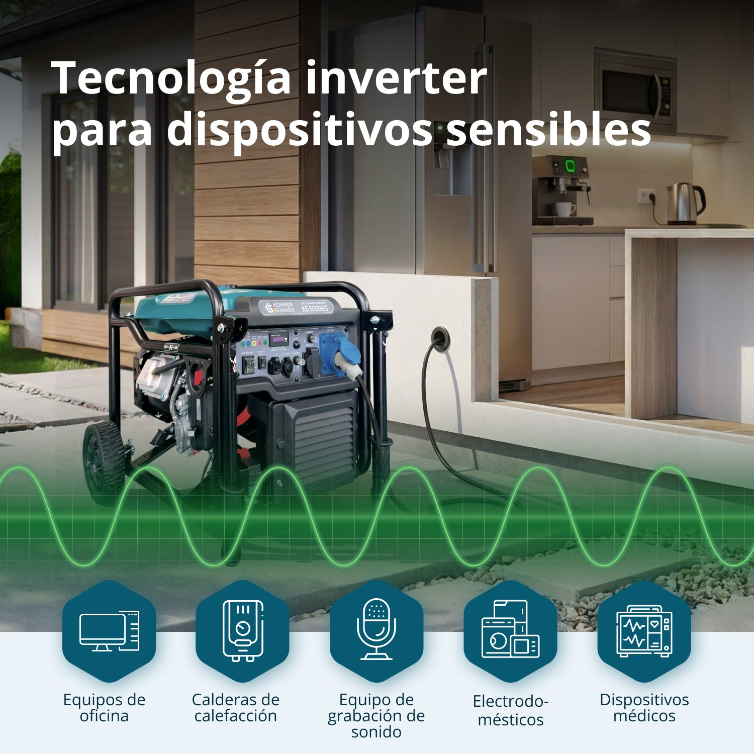 Un generador portátil alimenta una casa moderna al fondo, con iconos superpuestos que muestran su compatibilidad.