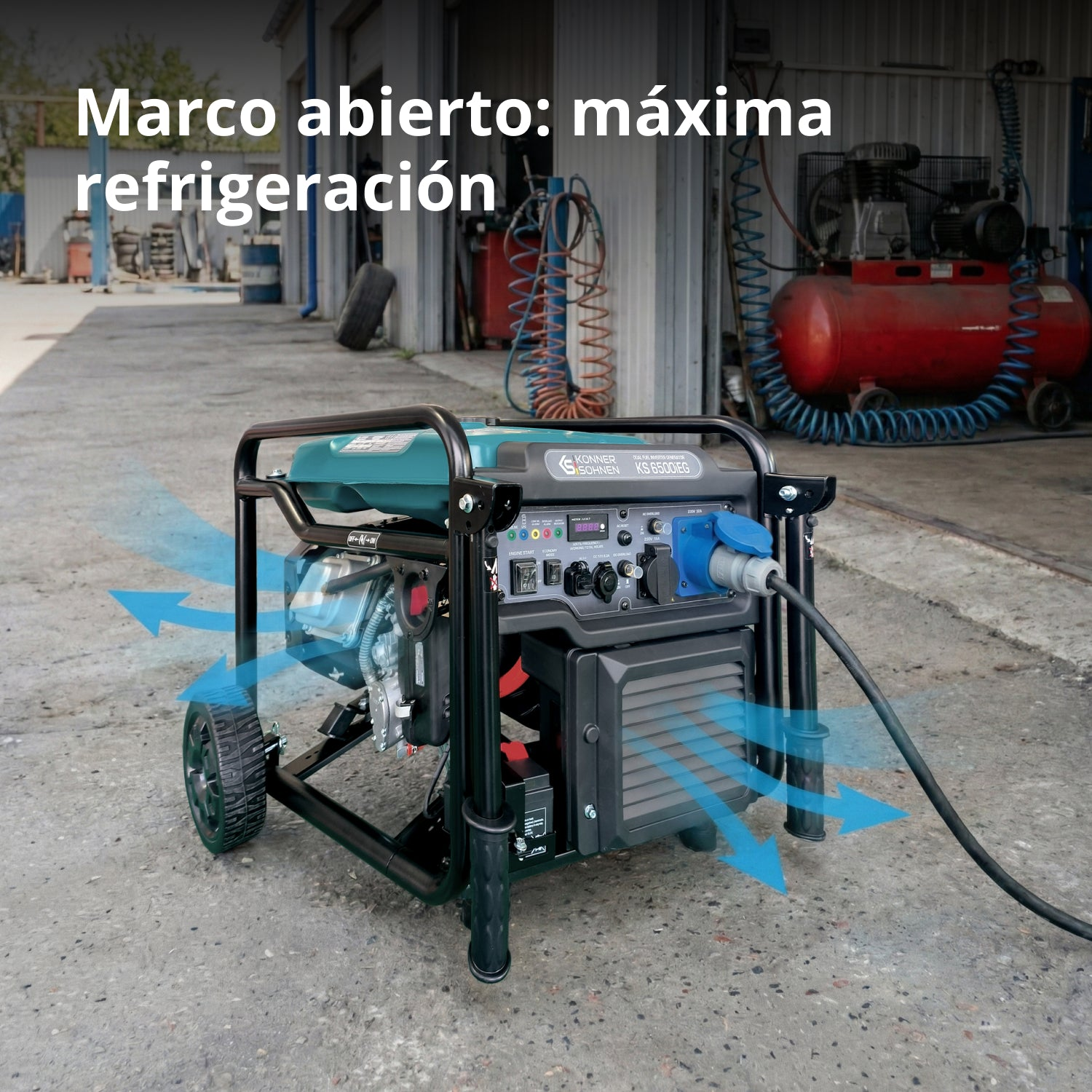 Un generador portátil de marco abierto con flechas azules de flujo de aire en un taller.
