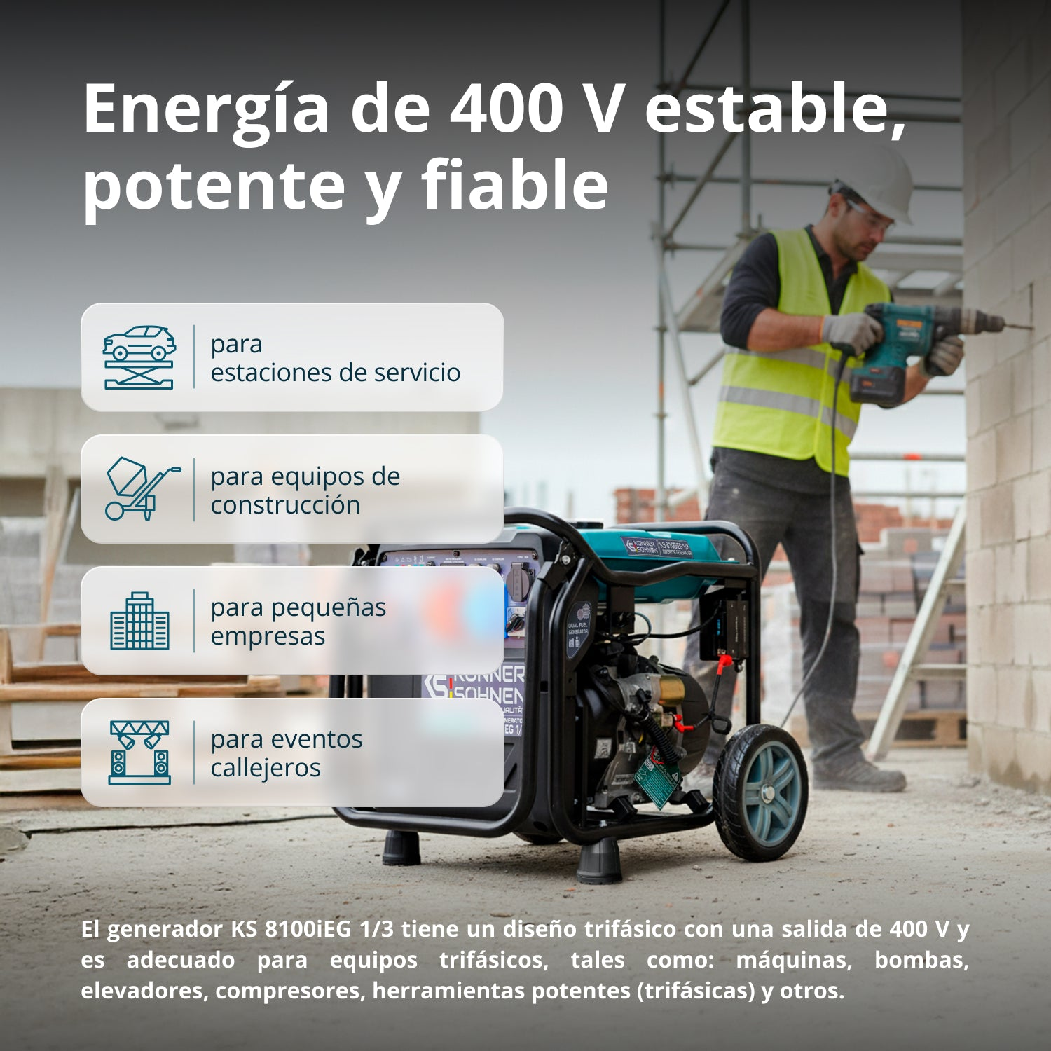 Un generador portátil con ruedas y un trabajador de la construcción perforando al fondo.
