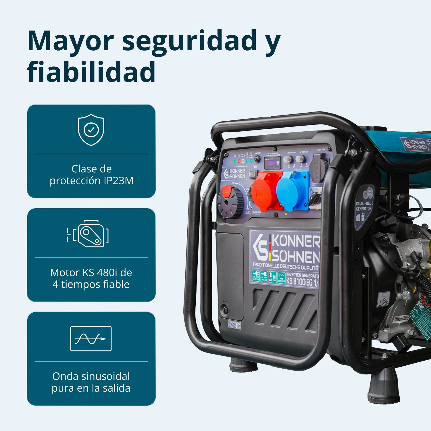 Un generador azul Konner y Sohnen con protección IP23M, motor KS 480i y onda sinusoidal pura.