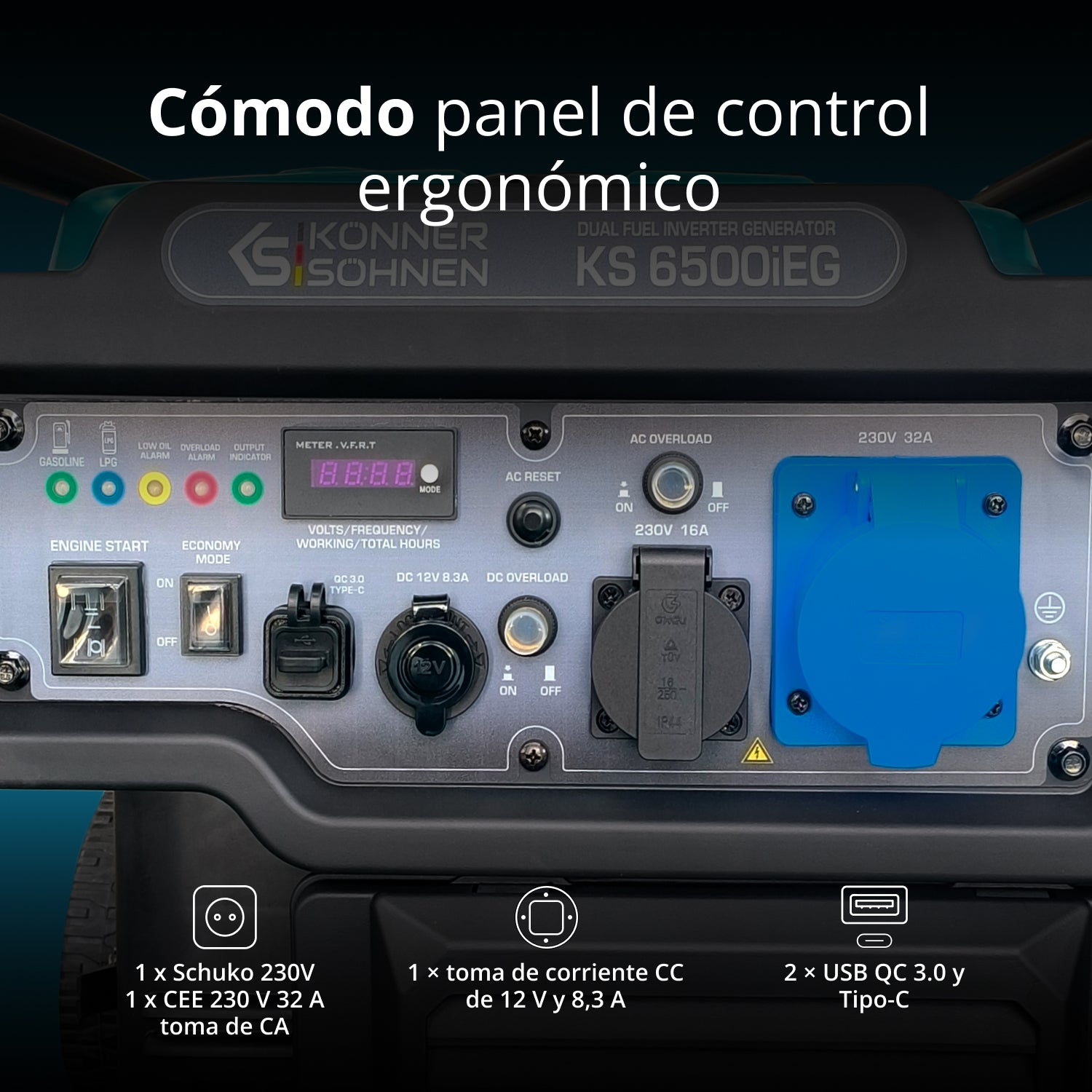 Panel de control de un generador inverter con pantallas, interruptores, enchufes y texto en español.
