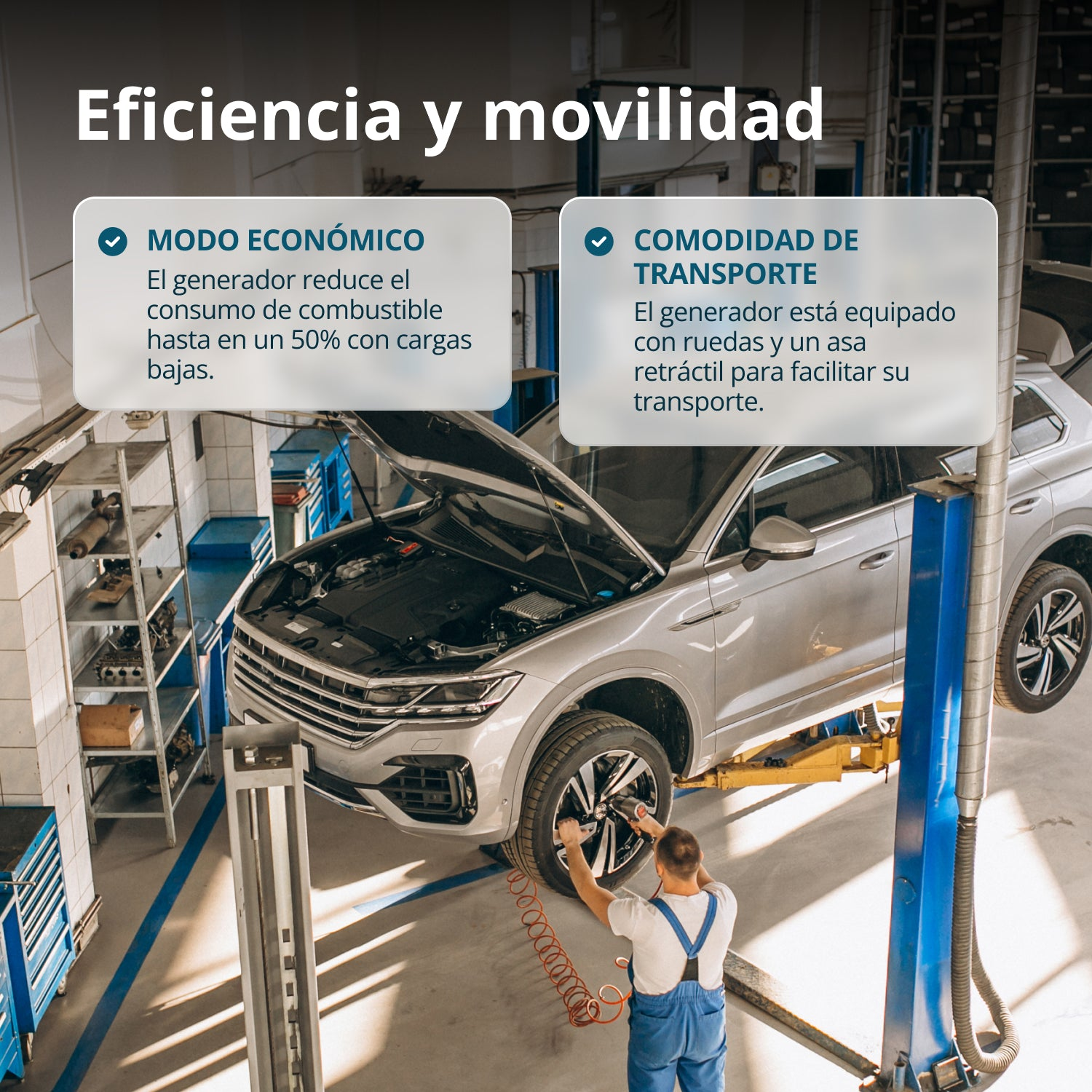 Mecánico trabajando en un coche en un taller con cuadros de texto sobre eficiencia y movilidad.