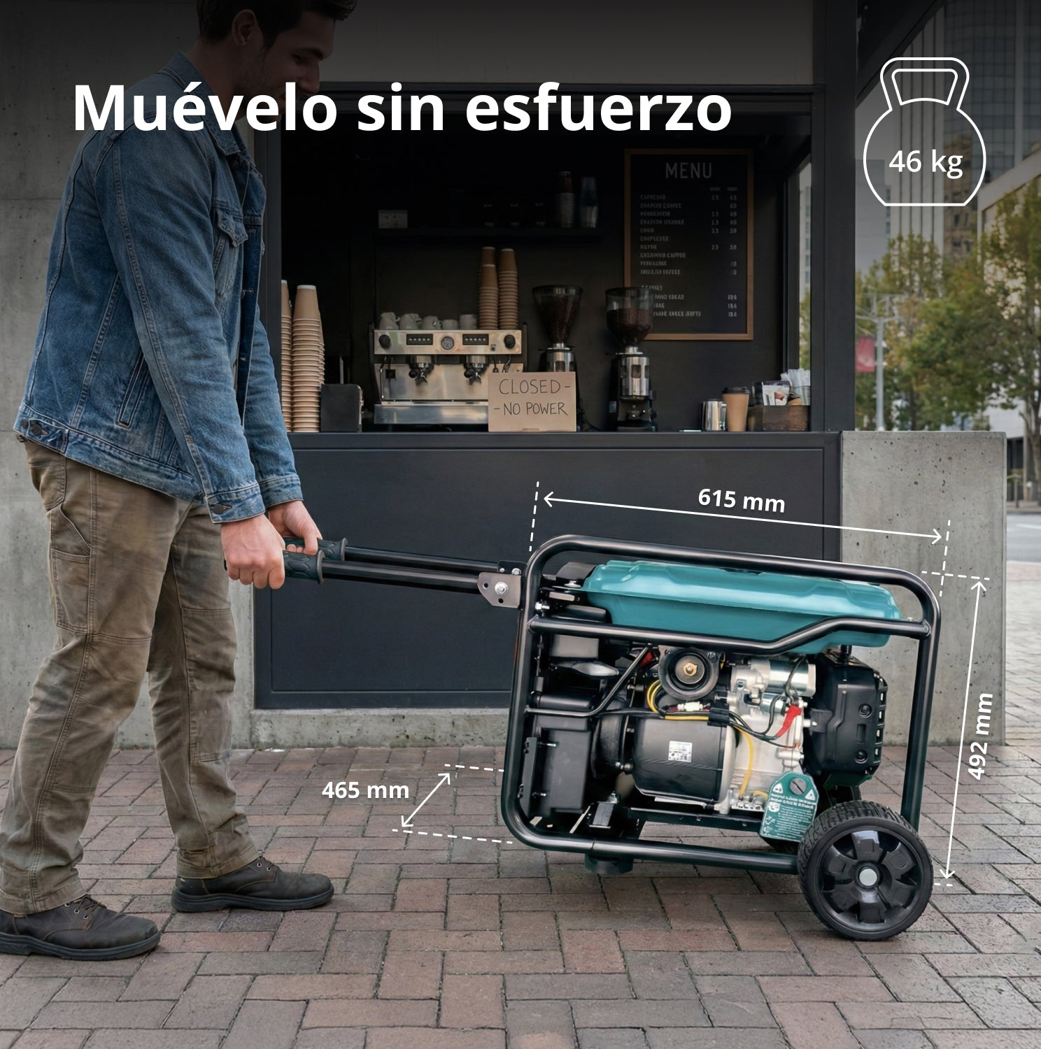 Un hombre arrastra un generador verde con ruedas, con dimensiones y 46 kg.