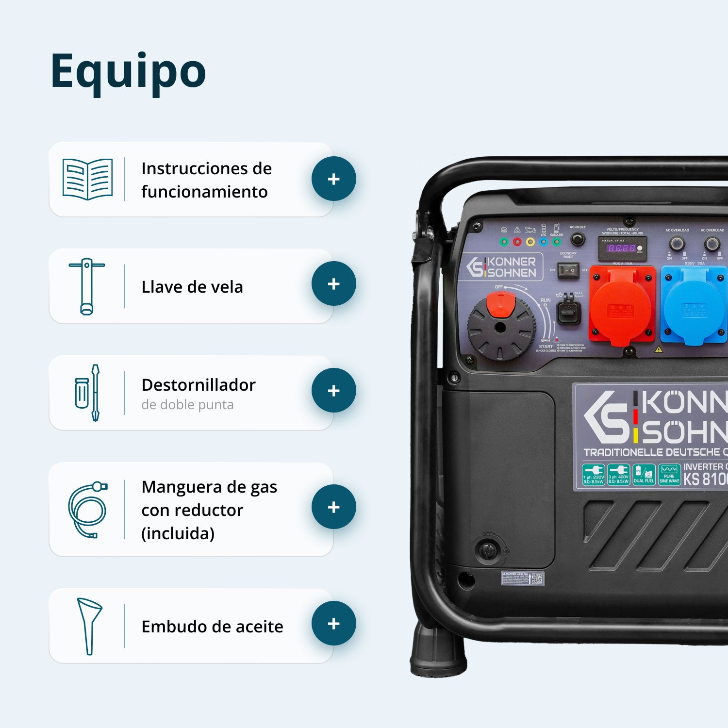 Generador Könner & Söhnen y lista de accesorios con iconos sobre fondo claro.