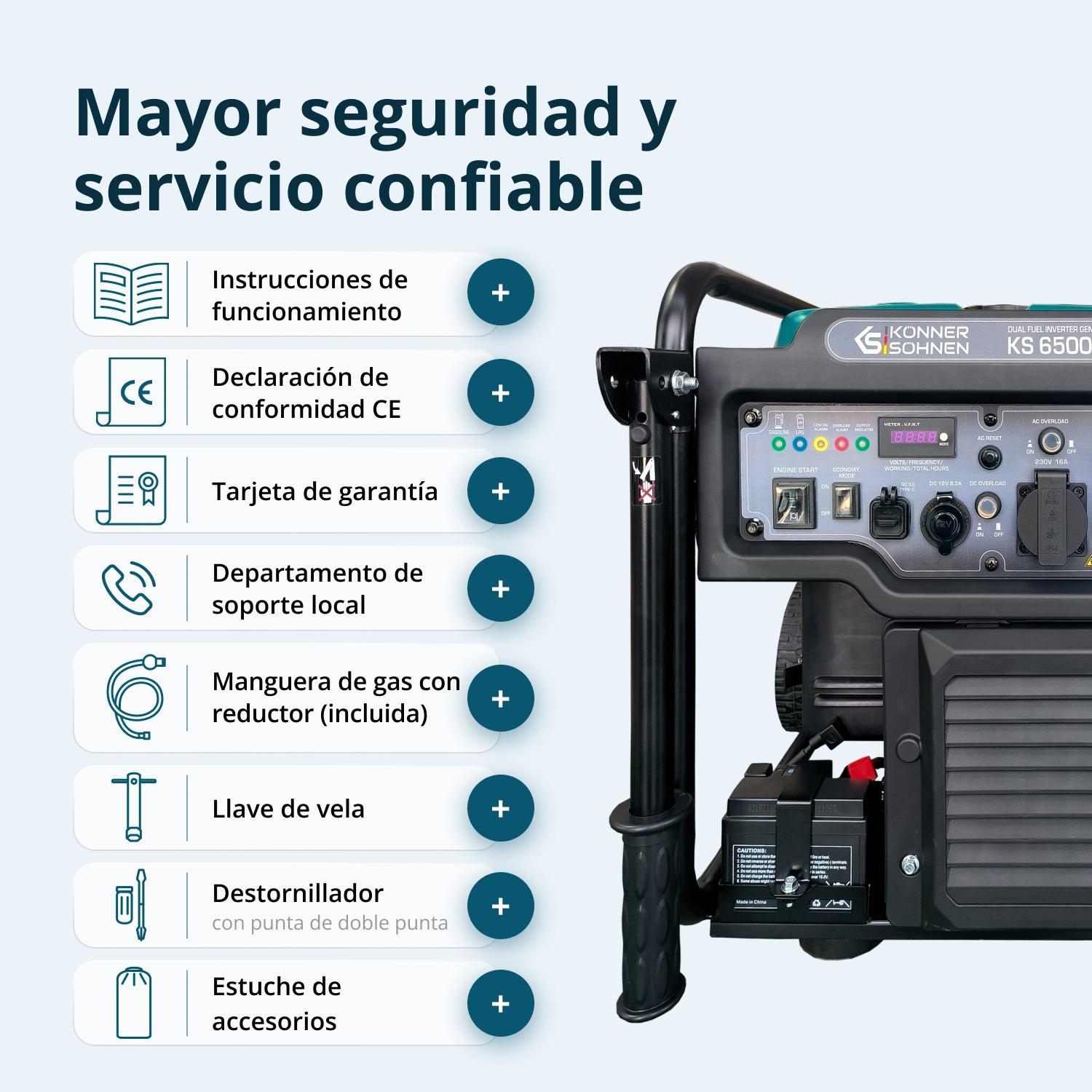 Generador y lista de accesorios incluidos en español, sobre un fondo azul claro.