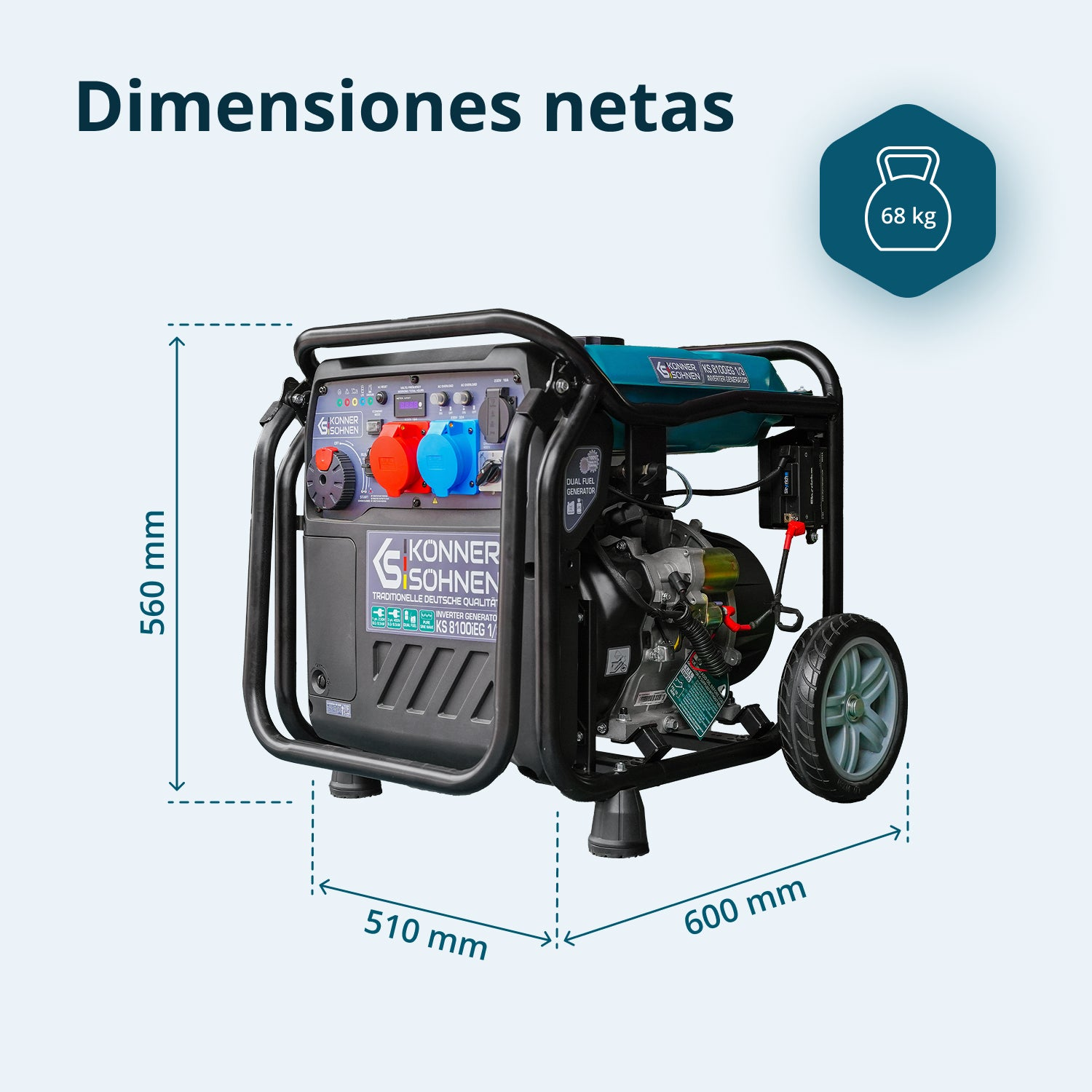 Generador con dimensiones de 560x510x600 mm y un peso de 68 kg.