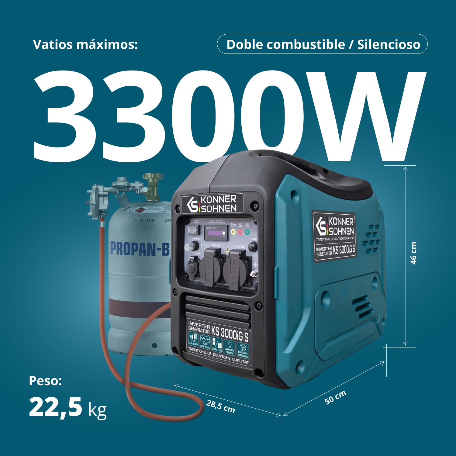 Generador inversor azul de 3300W y tanque de propano sobre fondo azul con dimensiones.