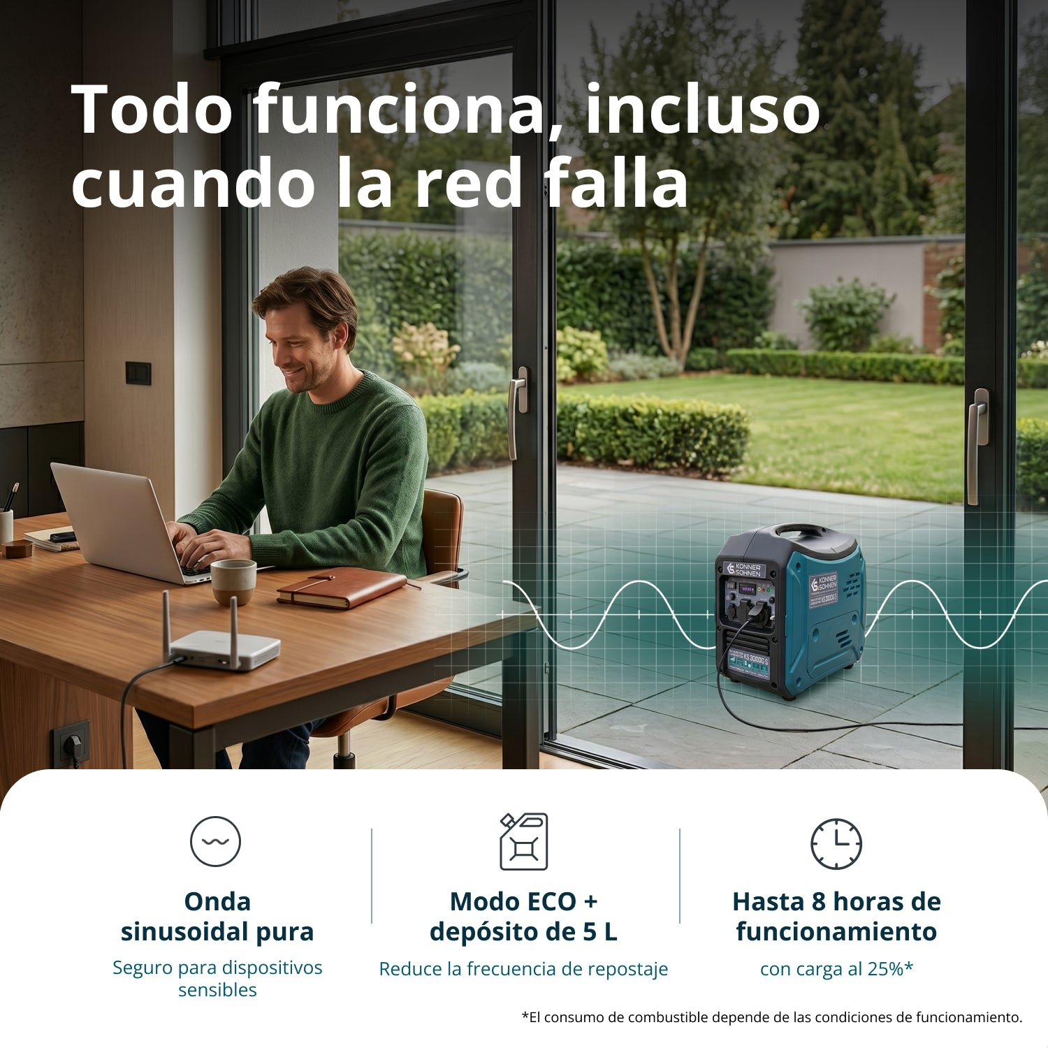 Un hombre trabaja en un portátil mientras un generador eléctrico azul está afuera.