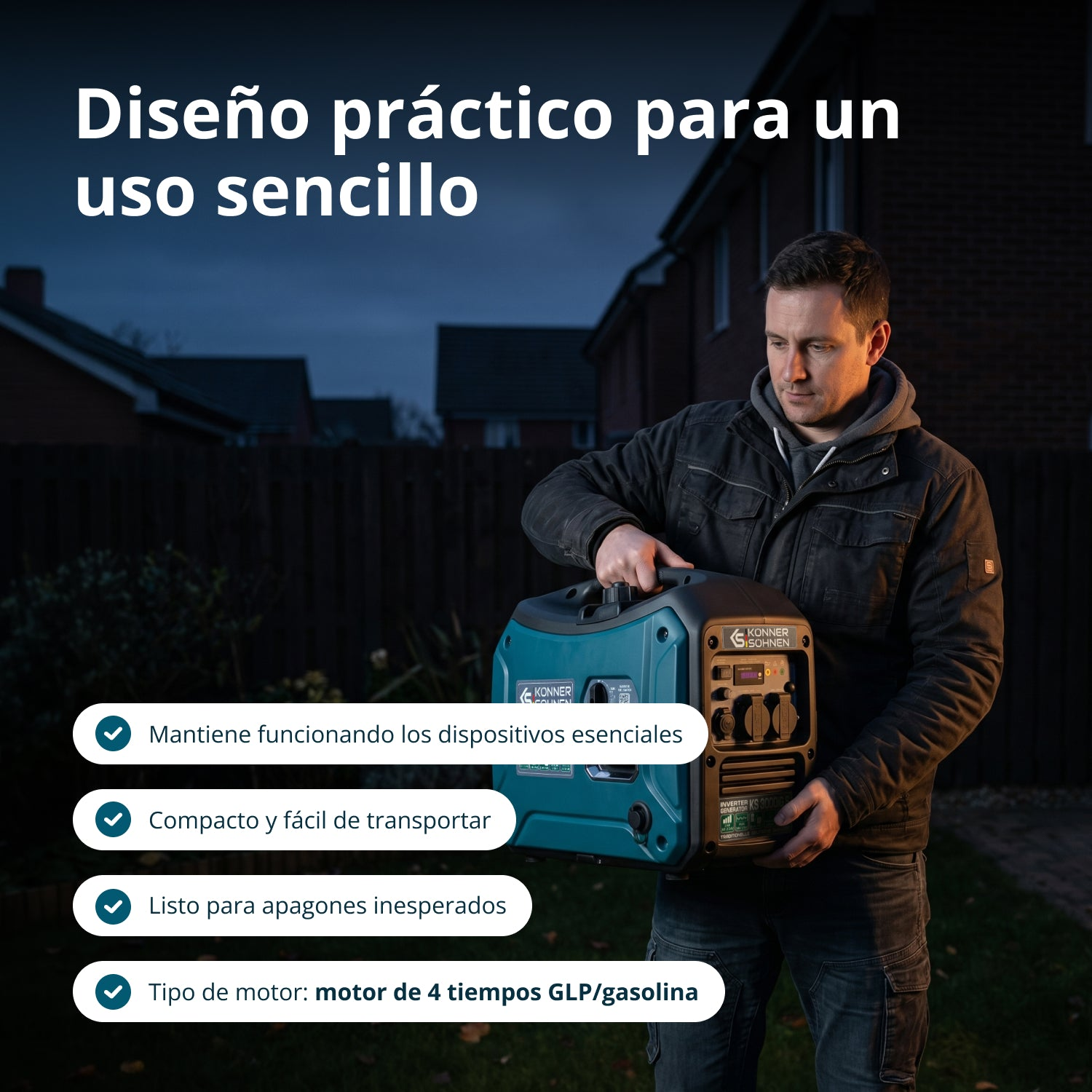 Un hombre sostiene un generador inversor azul portátil en su jardín de noche.