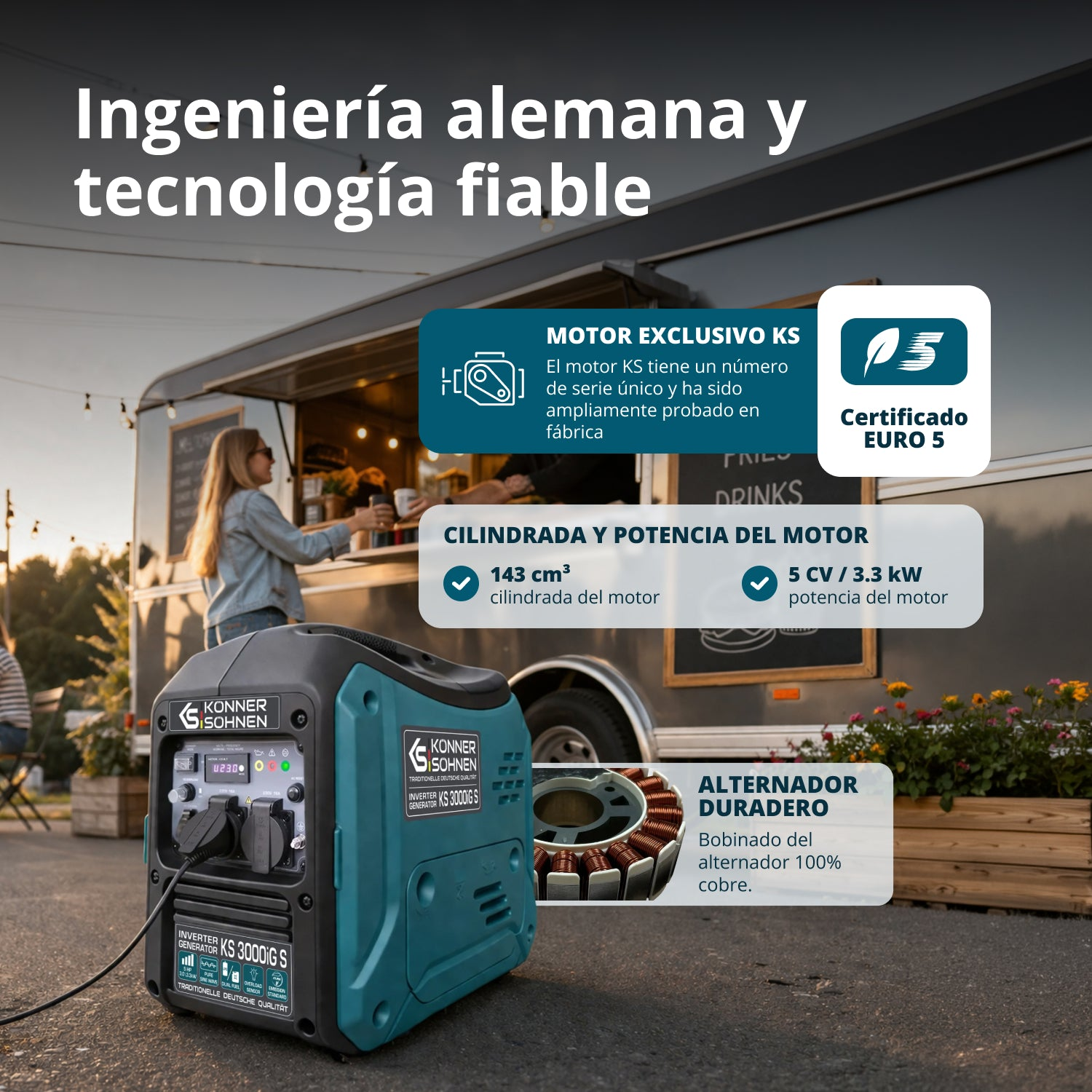 Generador azul portátil frente a un camión de comida con texto en español y especificaciones.