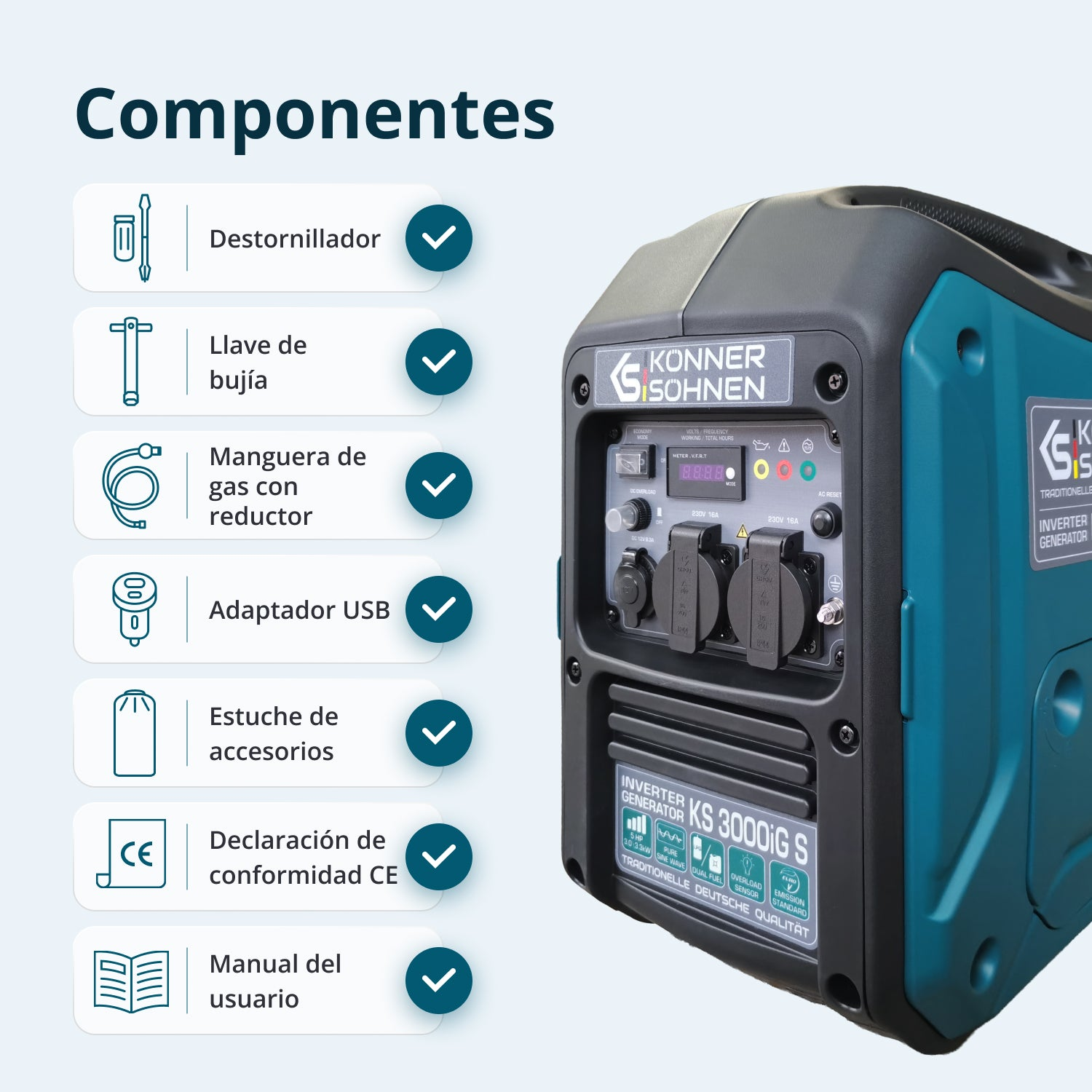 Un generador portÃ¡til con el logotipo de KÃ¶nner & SÃ¶hnen y una lista de sus componentes a la izquierda.