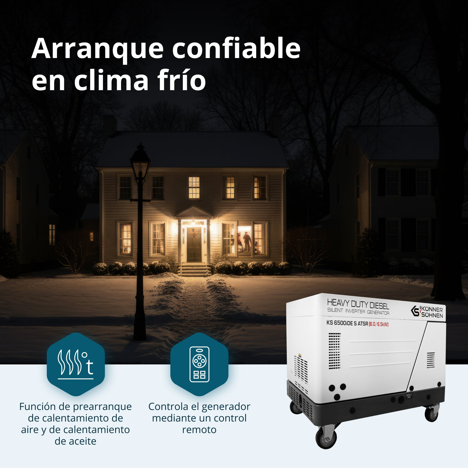 Un generador diésel blanco en primer plano, con una casa nevada de noche y luz cálida al fondo.
